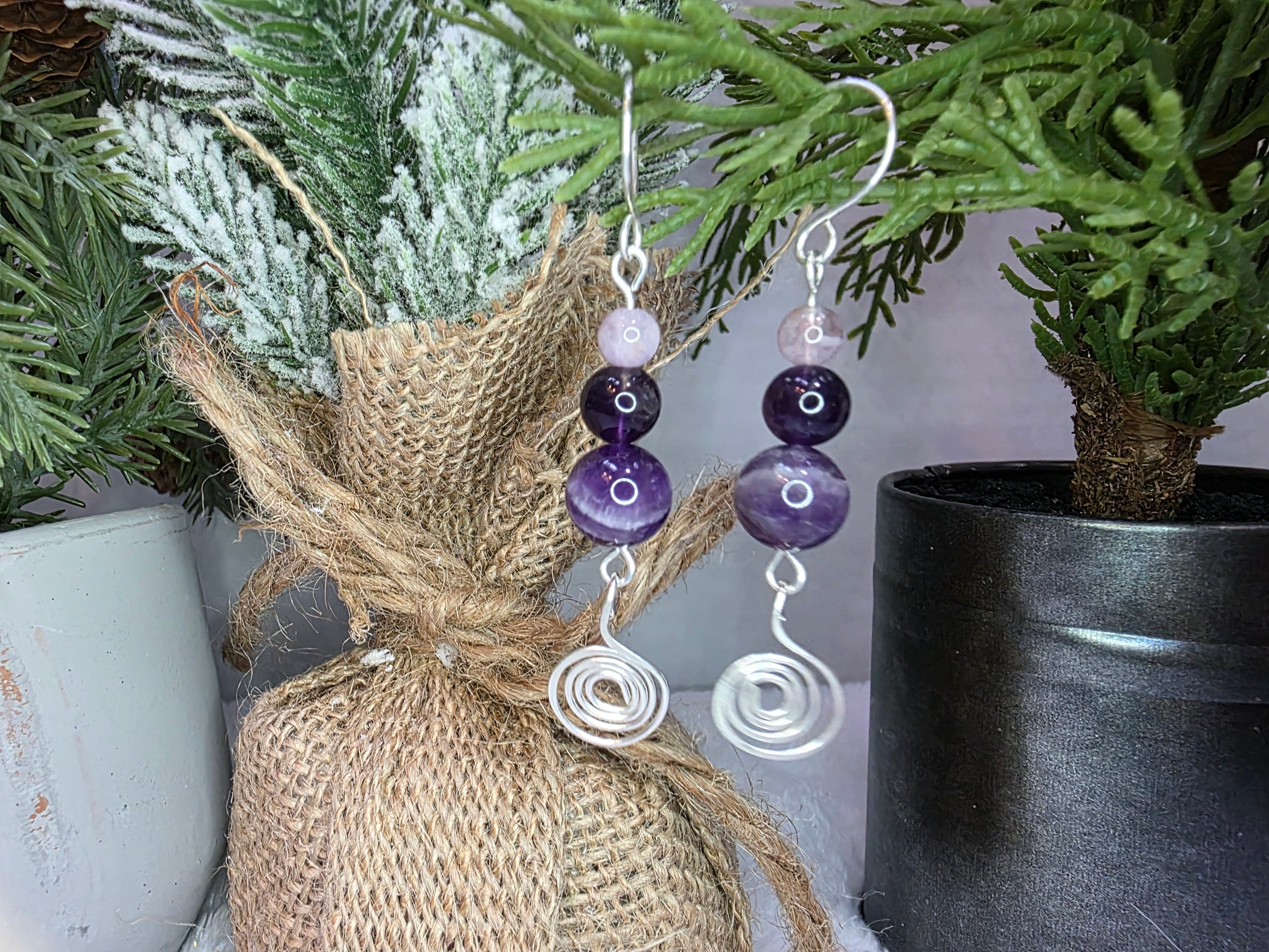 Sterling Silver Amethyst Drop Earrings with Hammered Spiral