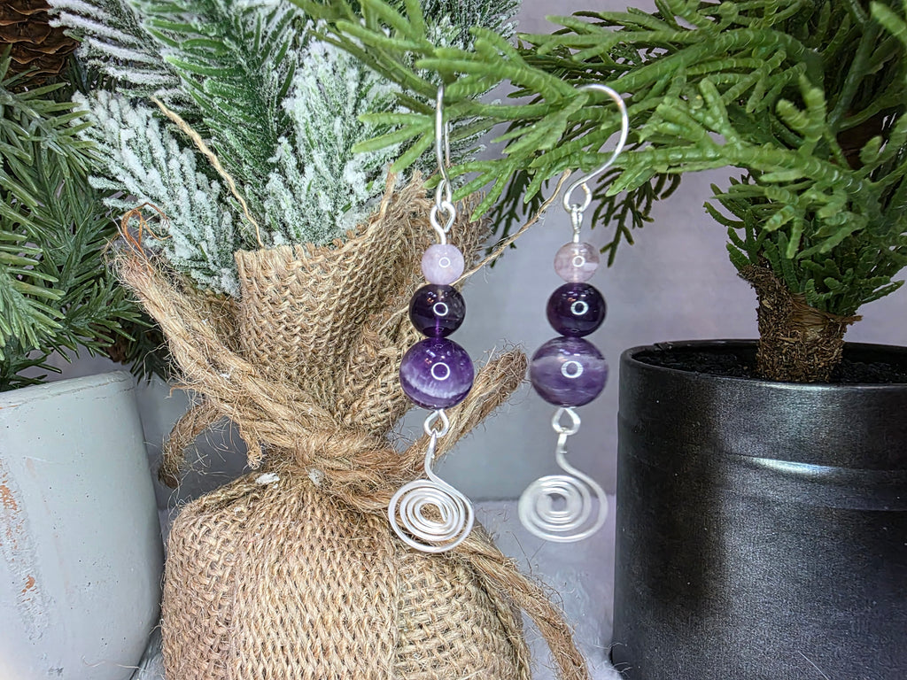 Sterling Silver Amethyst Drop Earrings with Hammered Spiral