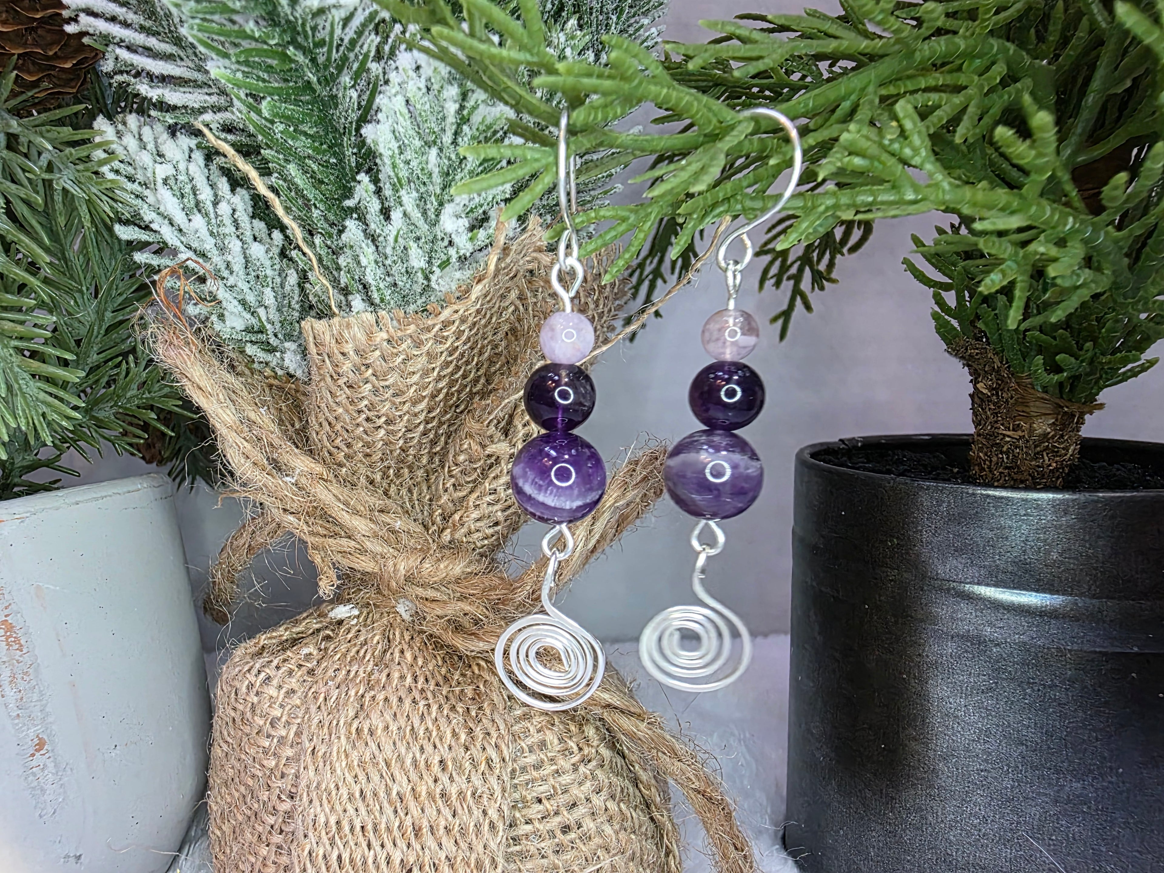 Sterling Silver Amethyst Drop Earrings with Hammered Spiral