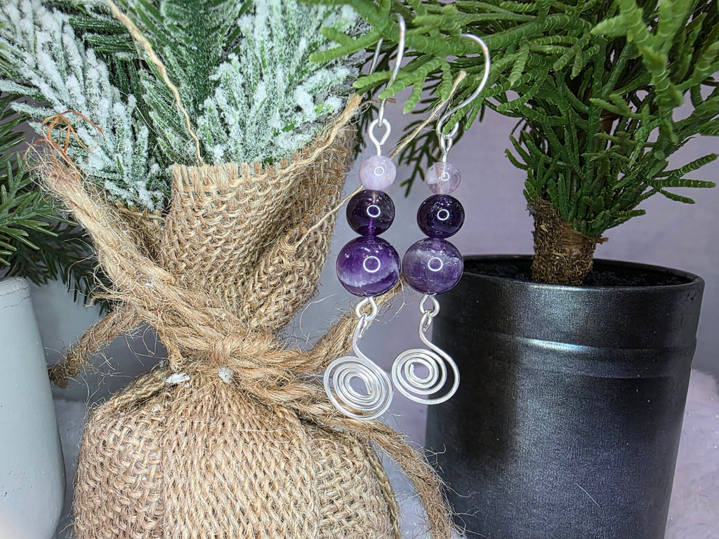 Sterling Silver Amethyst Drop Earrings with Hammered Spiral