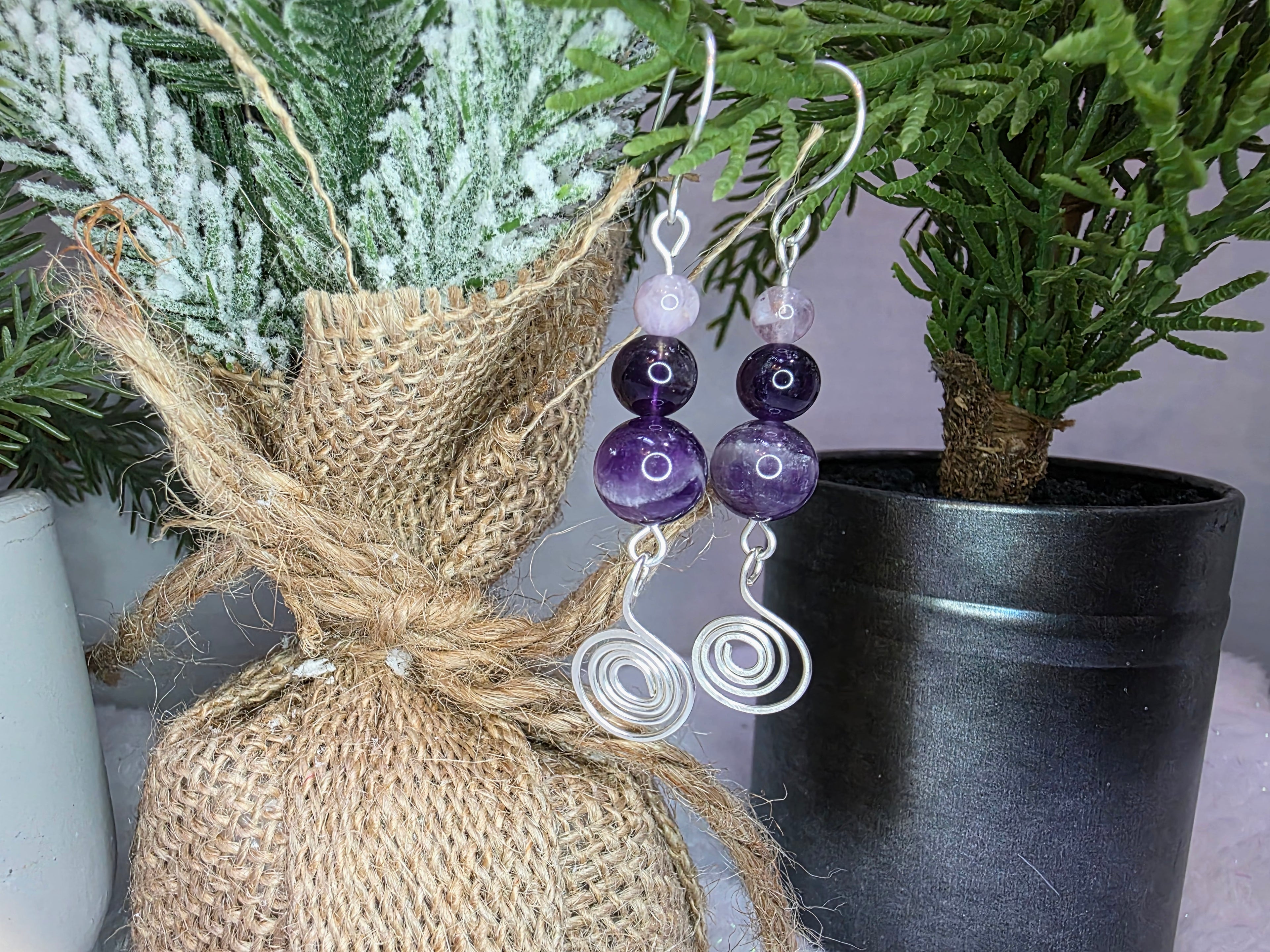 Sterling Silver Amethyst Drop Earrings with Hammered Spiral