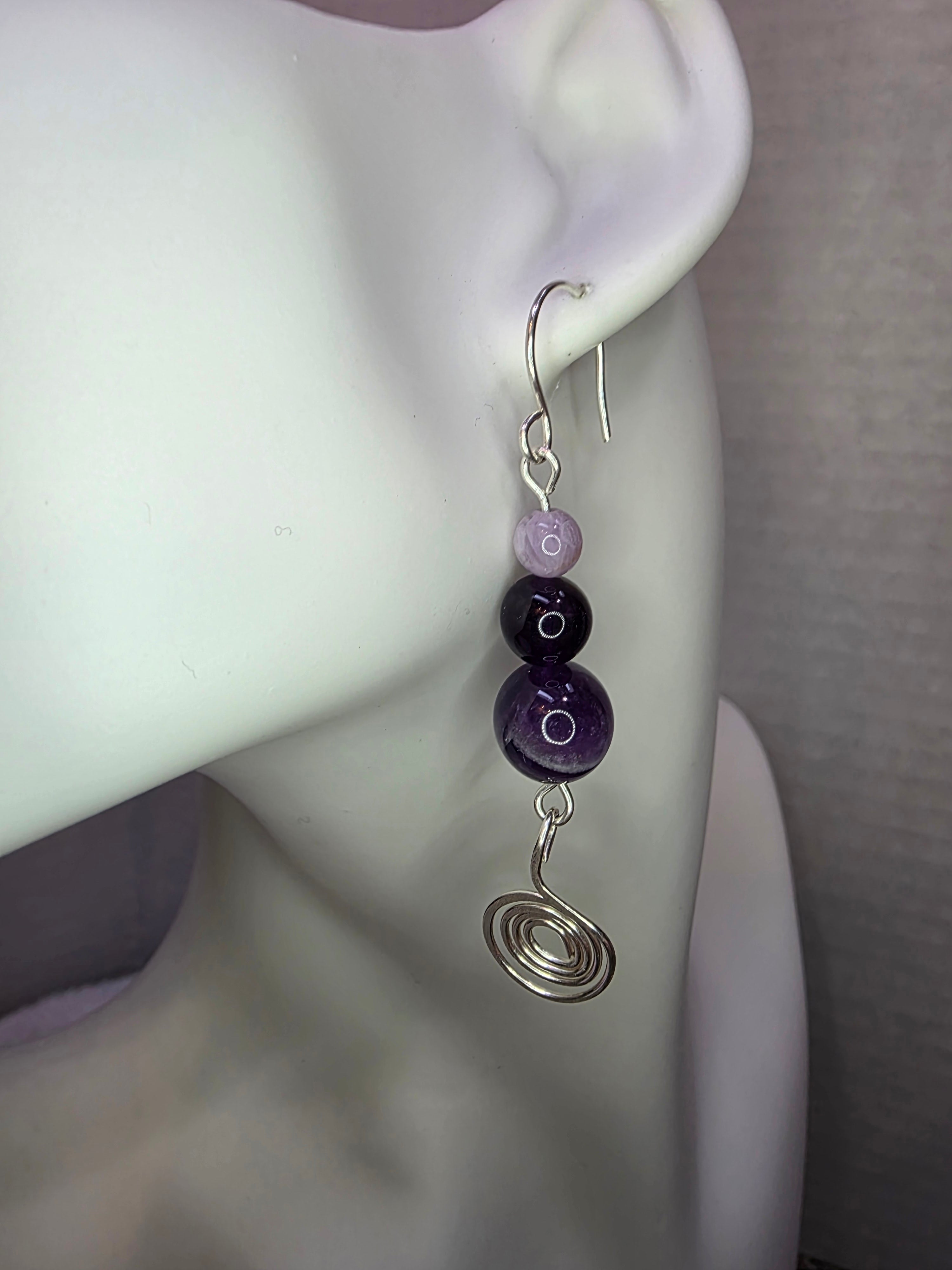 Sterling Silver Amethyst Drop Earrings with Hammered Spiral
