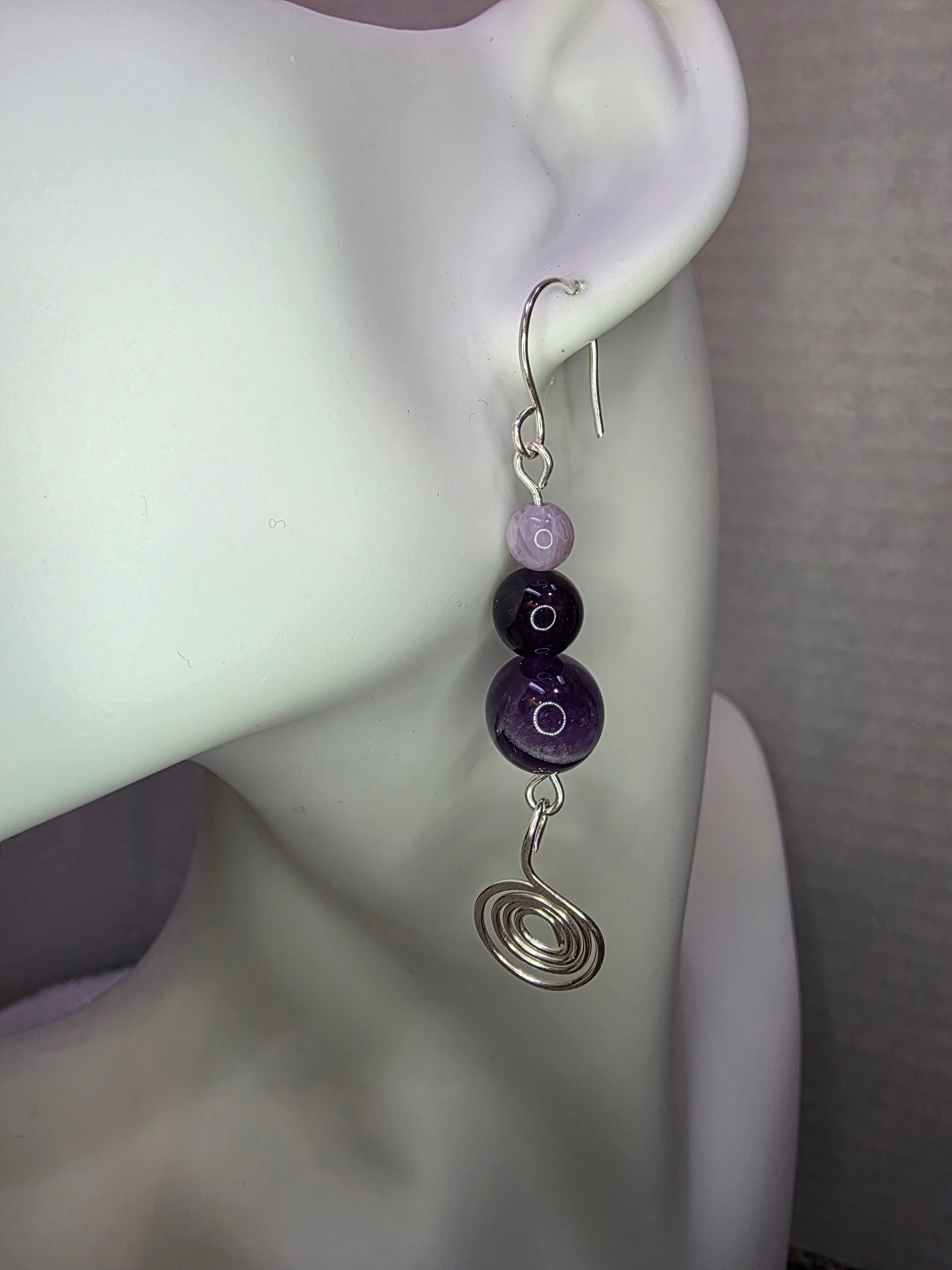 Sterling Silver Amethyst Drop Earrings with Hammered Spiral