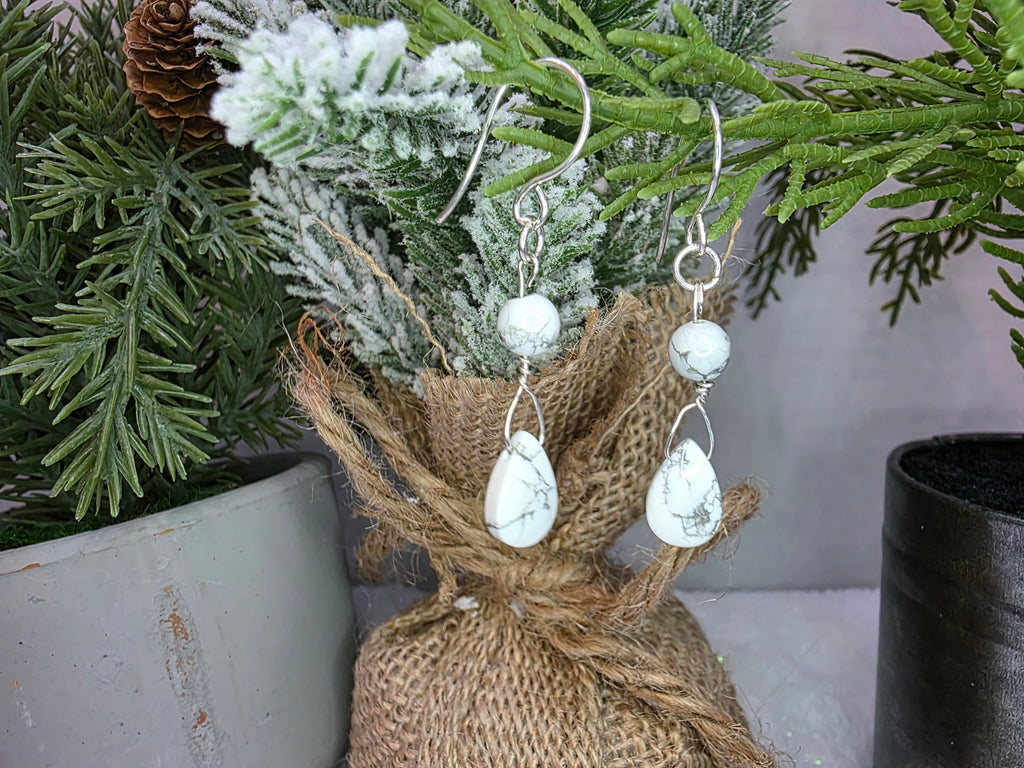 Howlite Teardrop Dangle Earrings on Sterling Silver Hooks