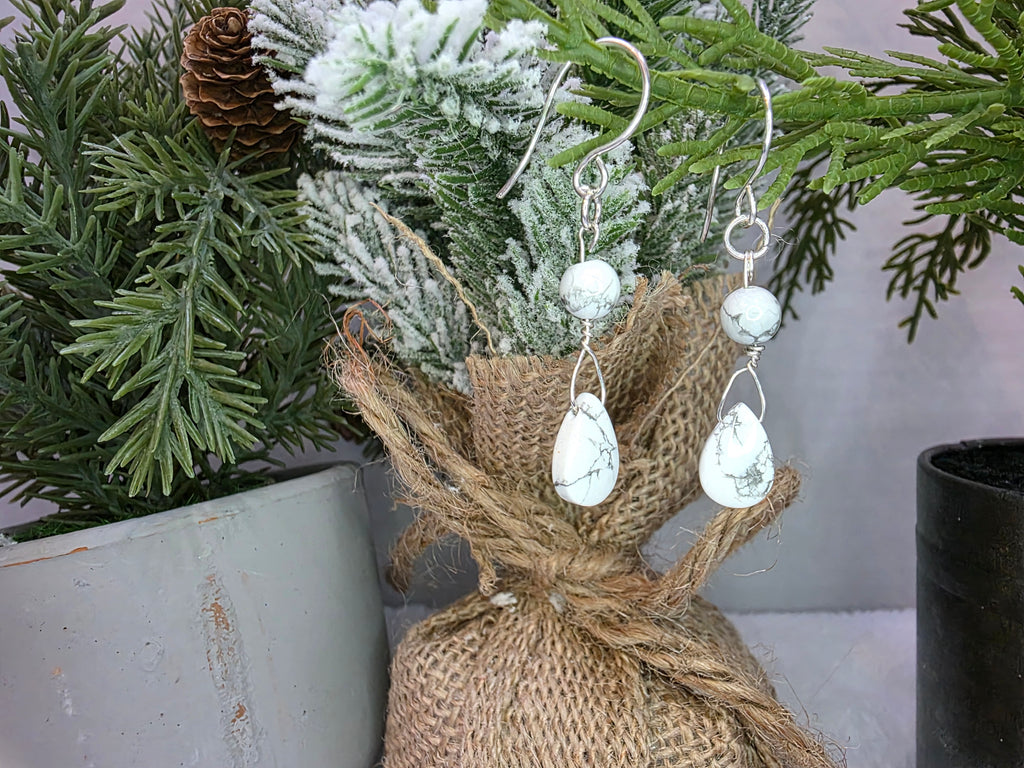 Howlite Teardrop Dangle Earrings on Sterling Silver Hooks