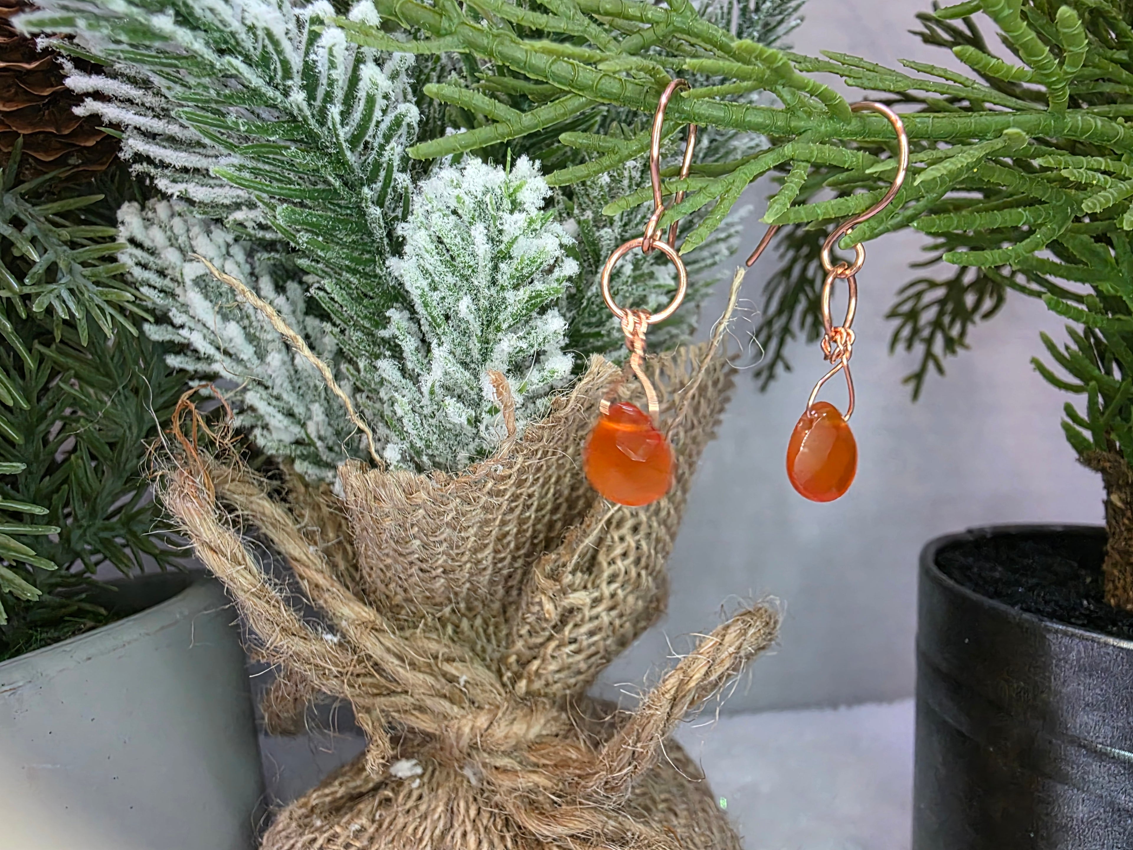 Copper Wire Wrapped Carnelian Drop Earrings