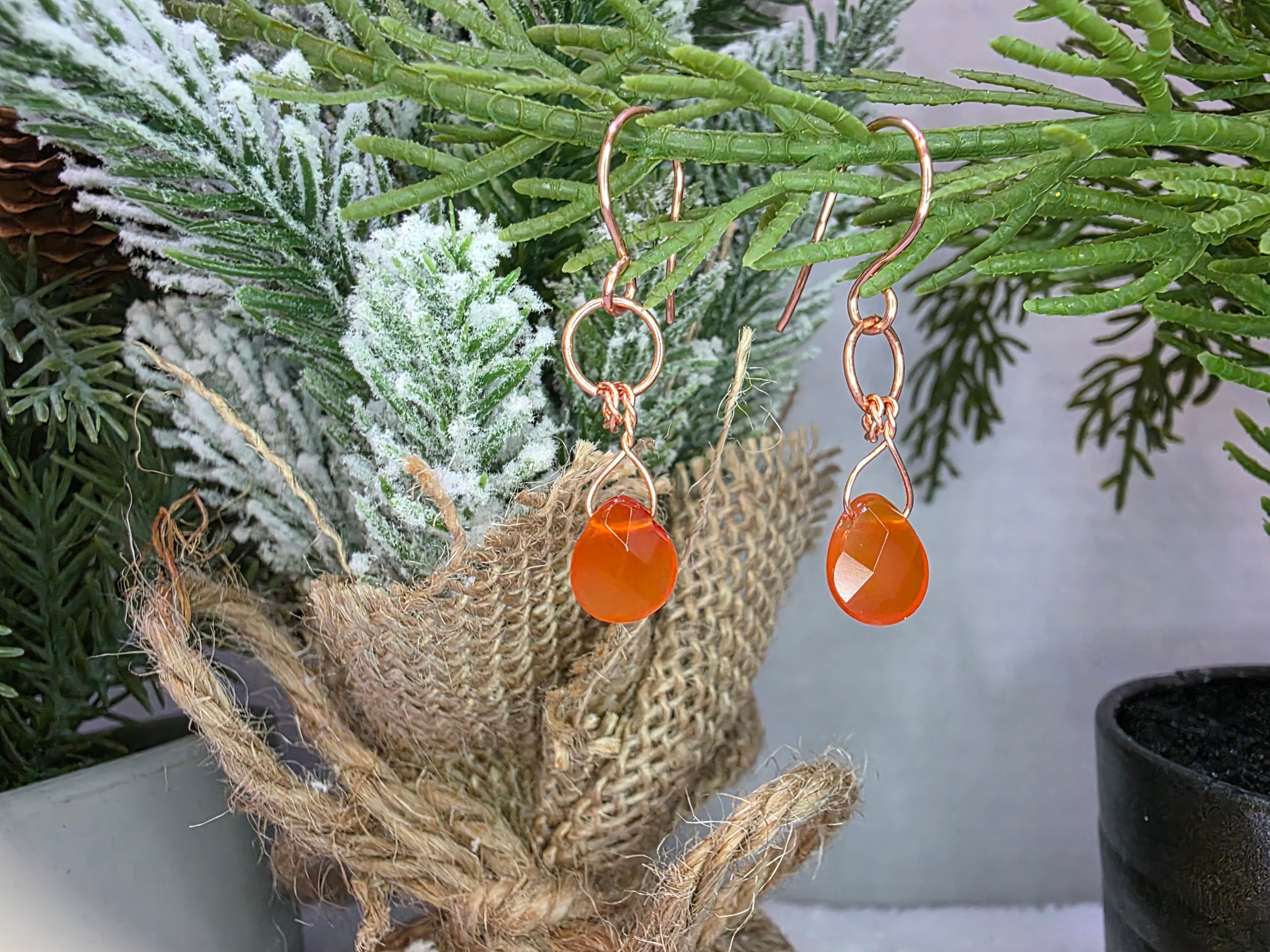 Copper Wire Wrapped Carnelian Drop Earrings