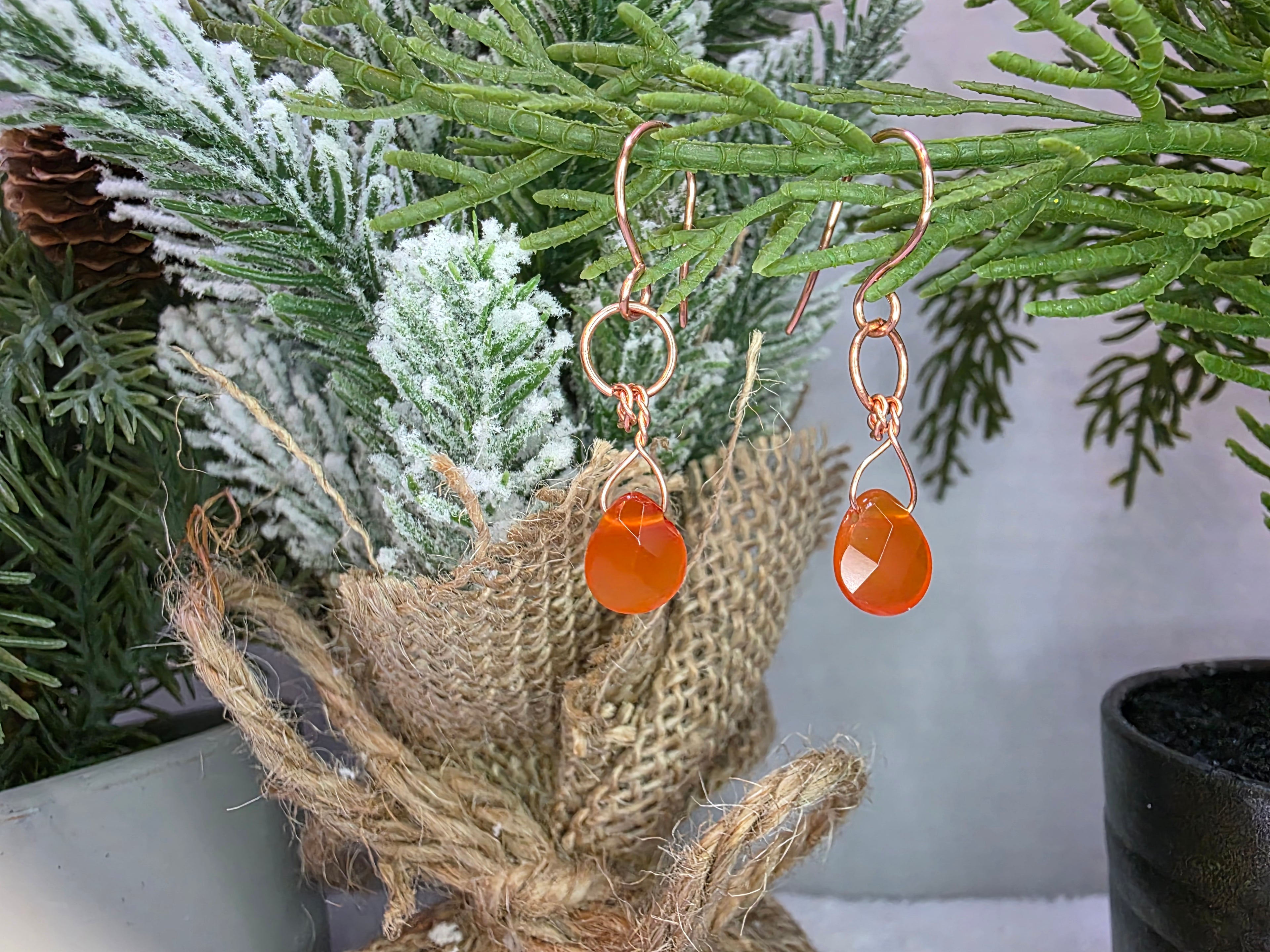 Copper Wire Wrapped Carnelian Drop Earrings