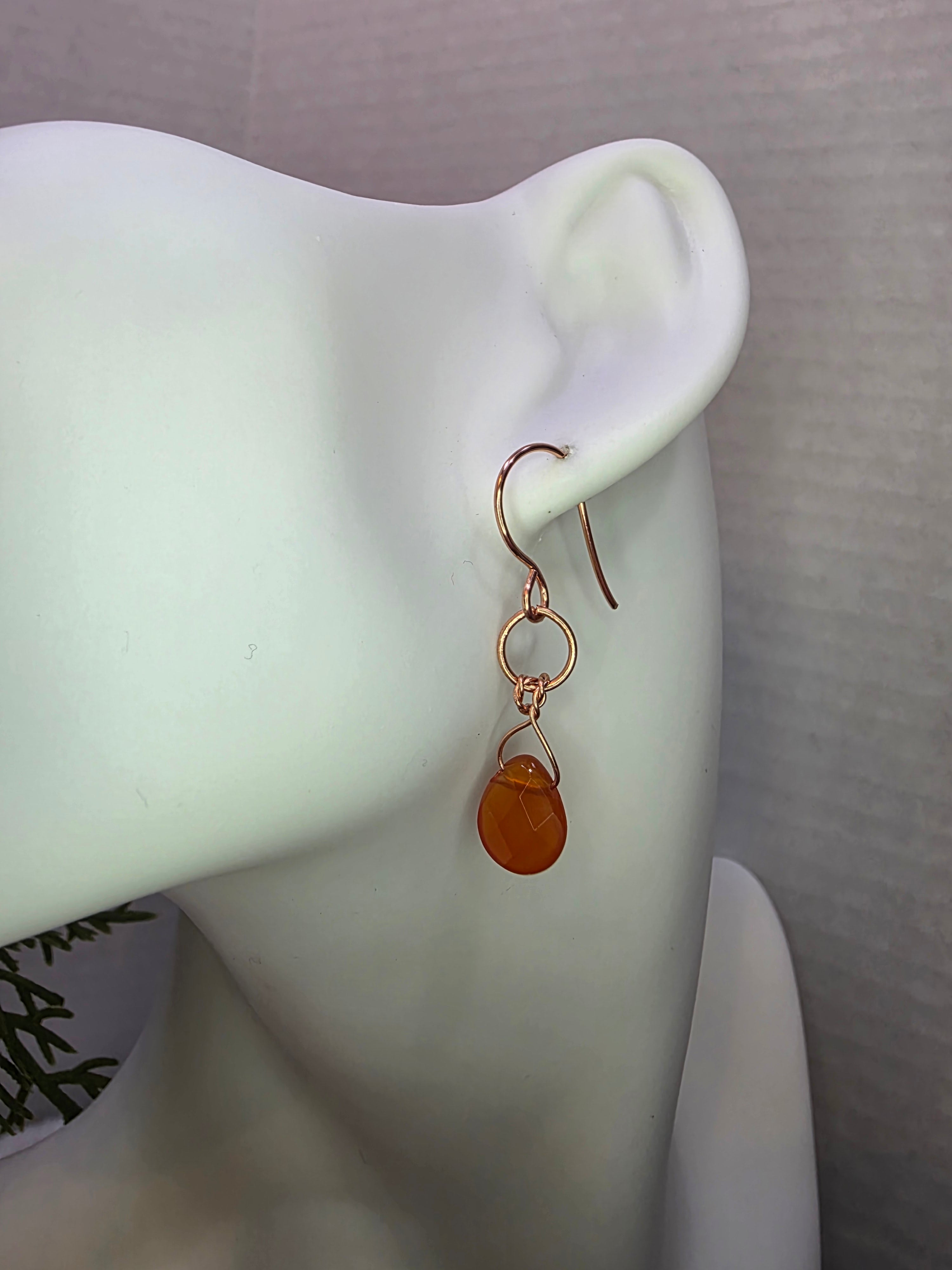 Copper Wire Wrapped Carnelian Drop Earrings