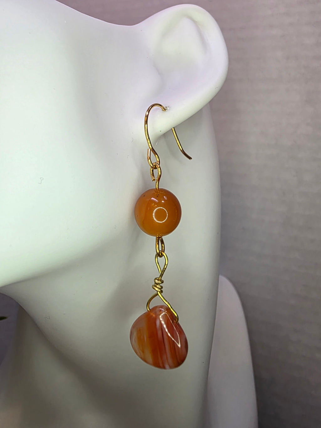 Carnelian and Agate Teardrop Dangle Orange Earrings on Brass Hooks