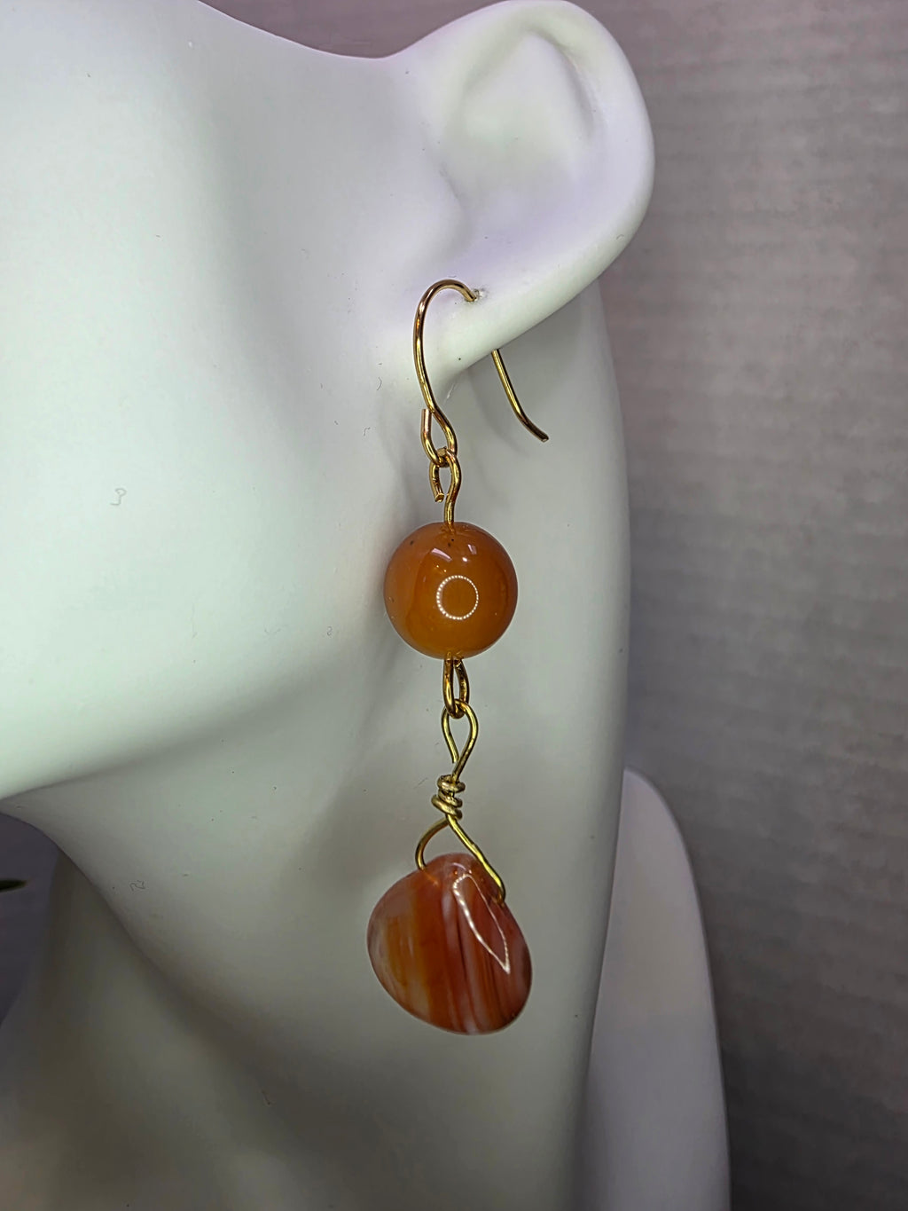 Carnelian and Agate Teardrop Dangle Orange Earrings on Brass Hooks