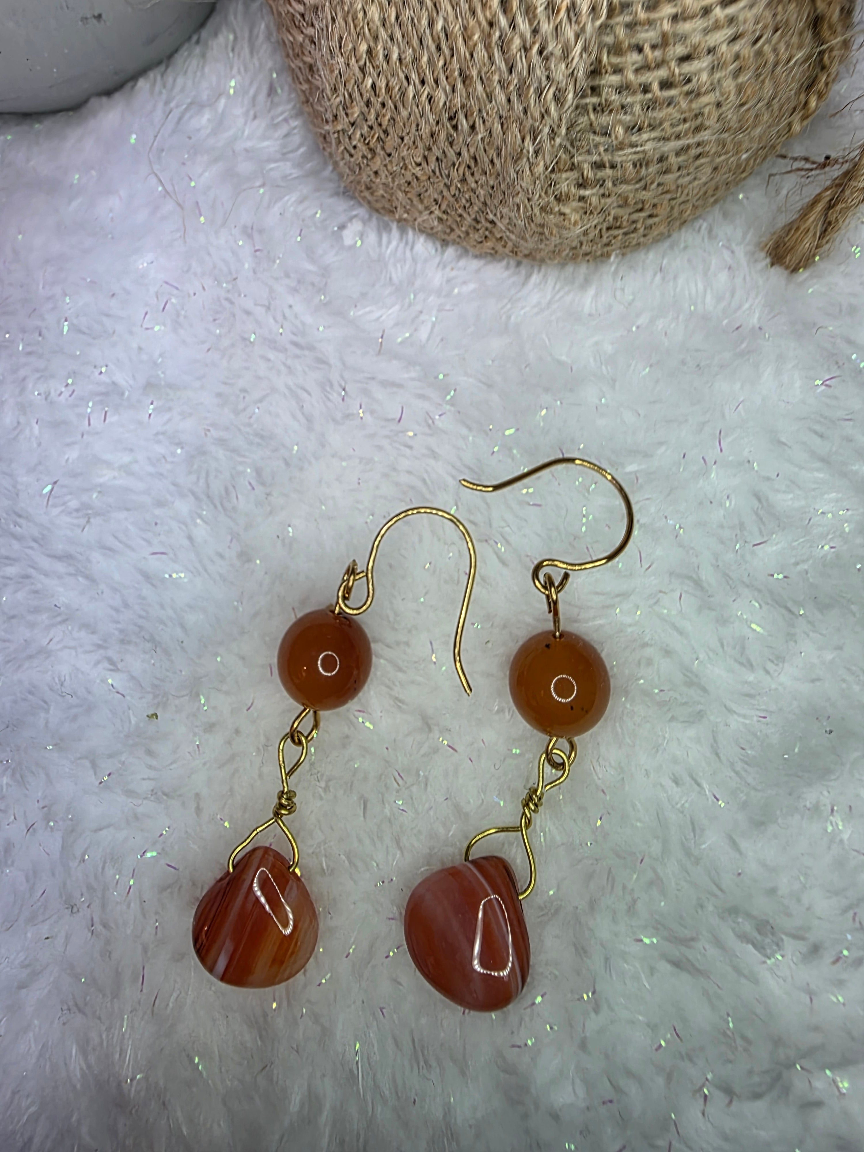Carnelian and Agate Teardrop Dangle Orange Earrings on Brass Hooks