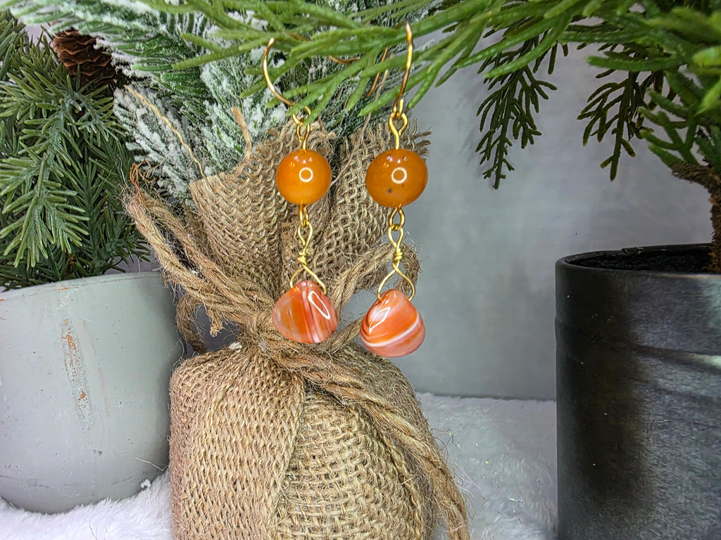 Carnelian and Agate Teardrop Dangle Orange Earrings on Brass Hooks