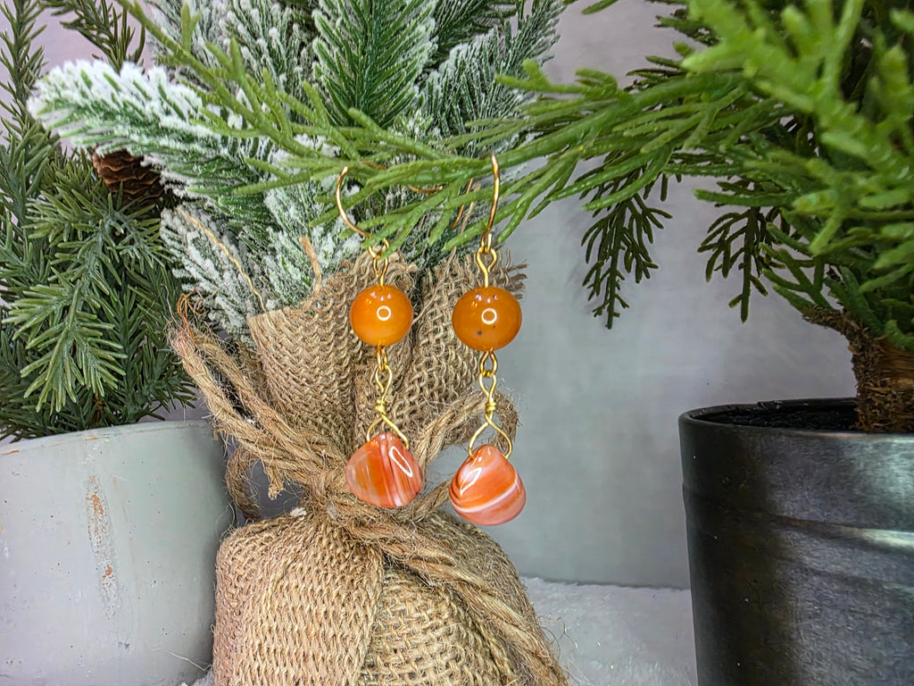 Carnelian and Agate Teardrop Dangle Orange Earrings on Brass Hooks