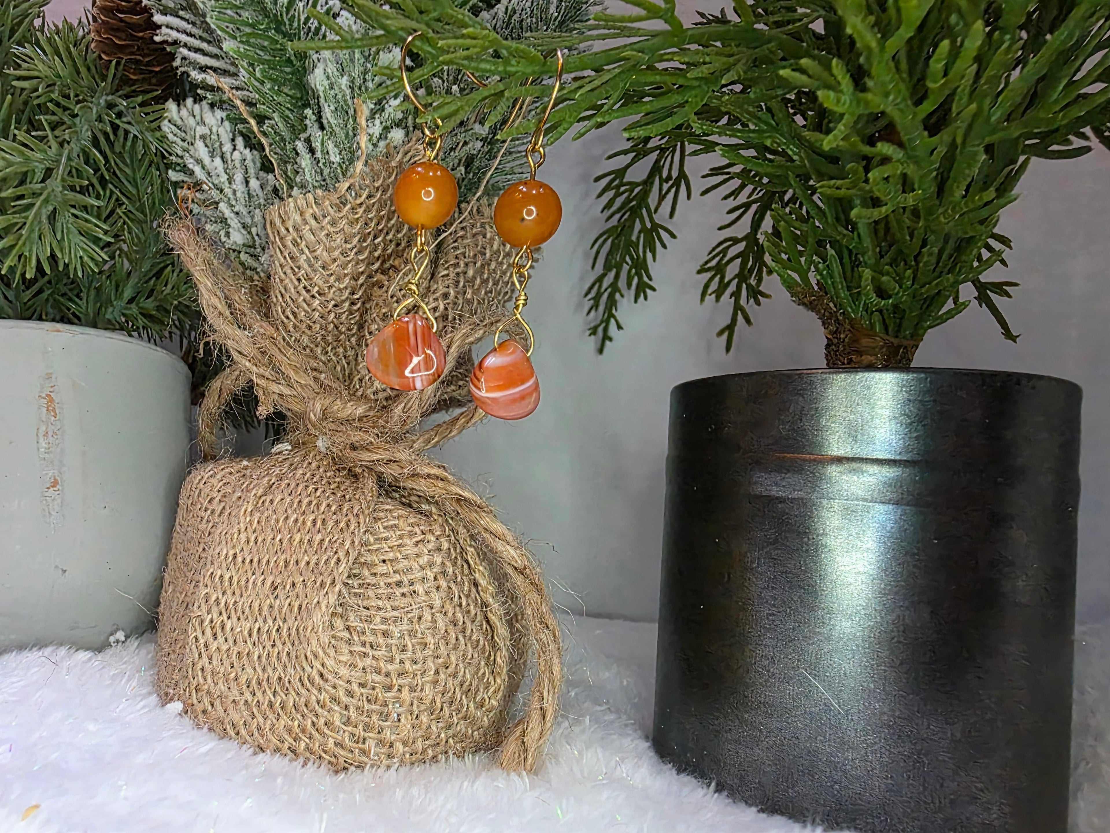 Carnelian and Agate Teardrop Dangle Orange Earrings on Brass Hooks