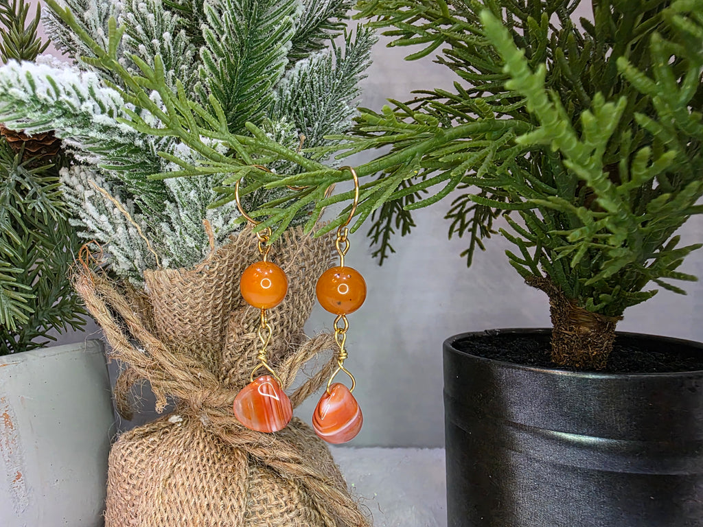Carnelian and Agate Teardrop Dangle Orange Earrings on Brass Hooks