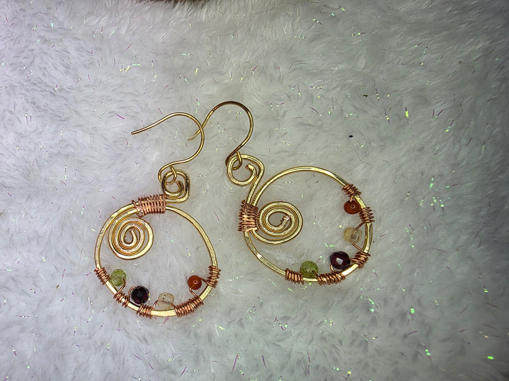 Handmade Brass and Copper Wire Wrapped Earrings with Garnet, Citrine, Peridot and Carnelian