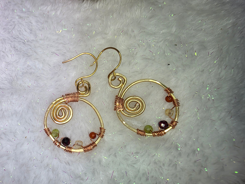Handmade Brass and Copper Wire Wrapped Earrings with Garnet, Citrine, Peridot and Carnelian