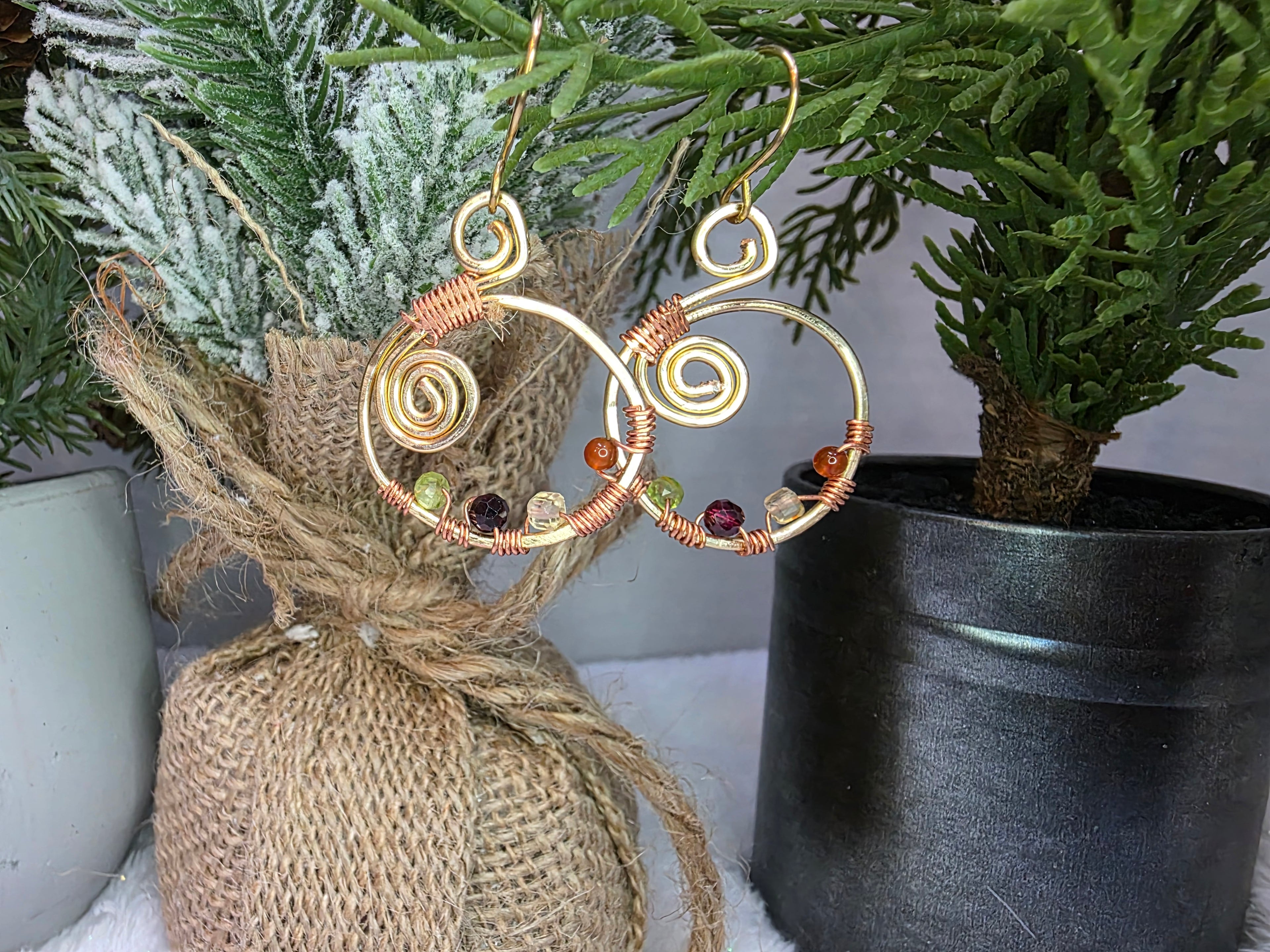 Handmade Brass and Copper Wire Wrapped Earrings with Garnet, Citrine, Peridot and Carnelian