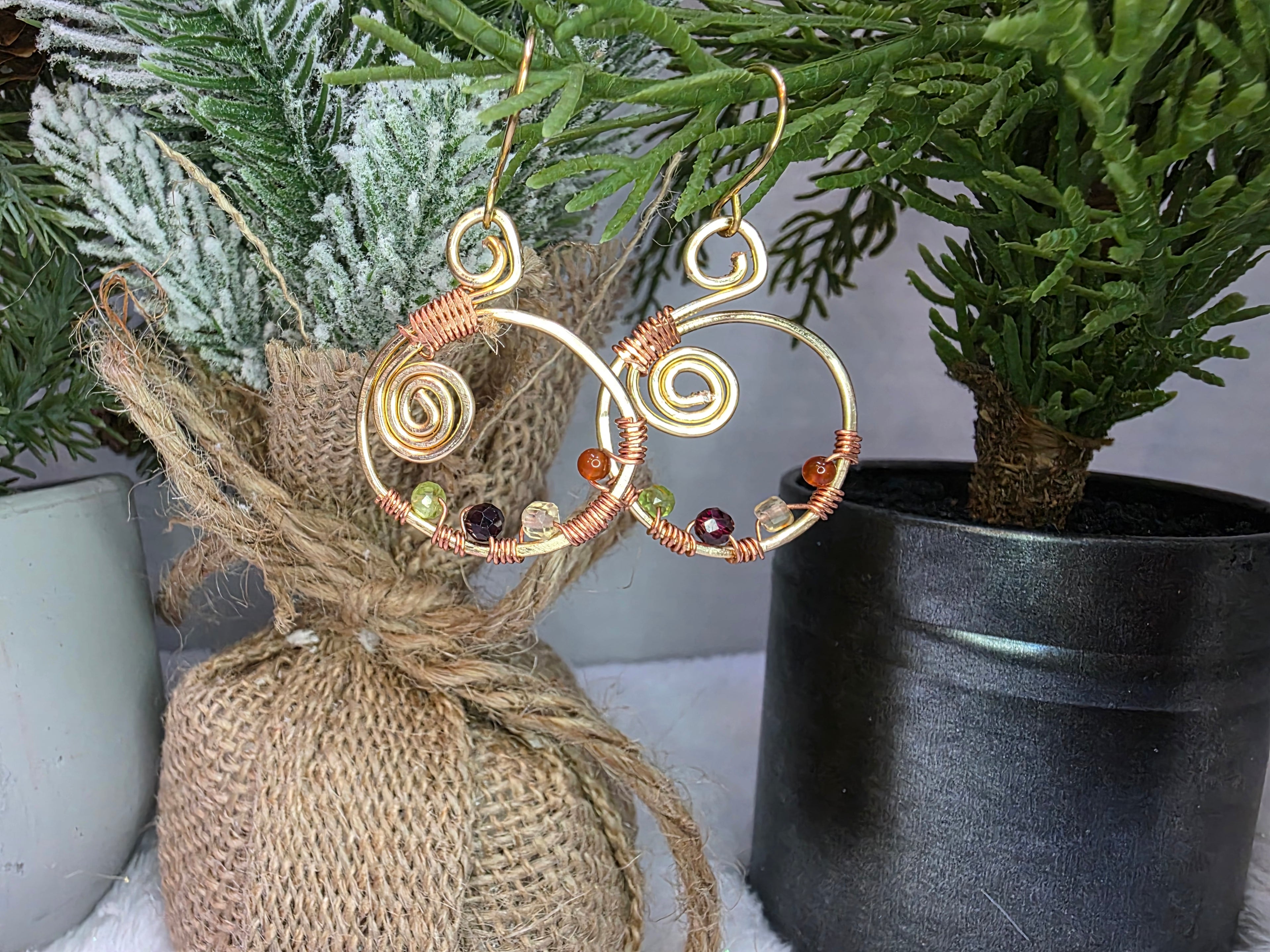 Handmade Brass and Copper Wire Wrapped Earrings with Garnet, Citrine, Peridot and Carnelian
