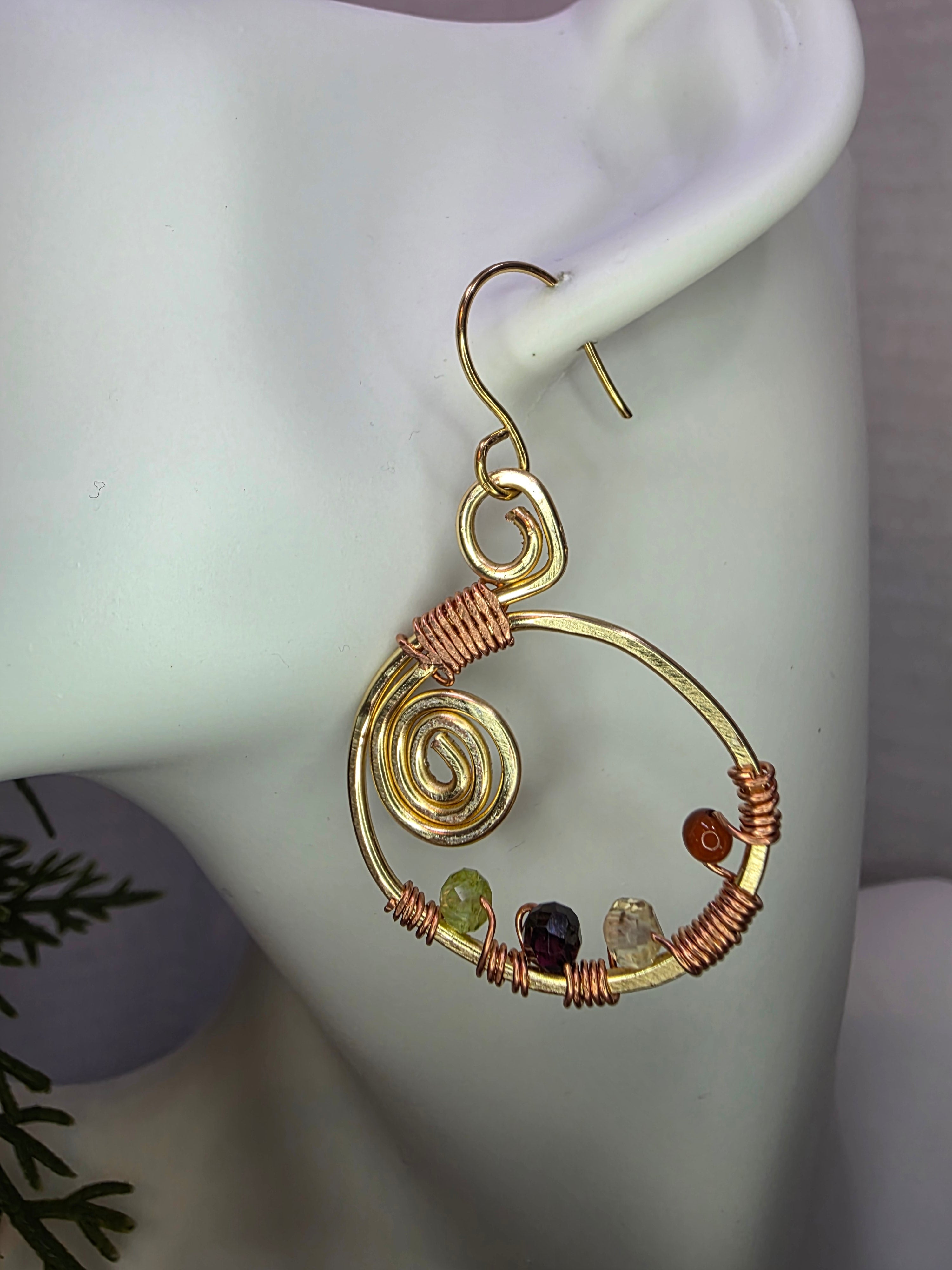 Handmade Brass and Copper Wire Wrapped Earrings with Garnet, Citrine, Peridot and Carnelian