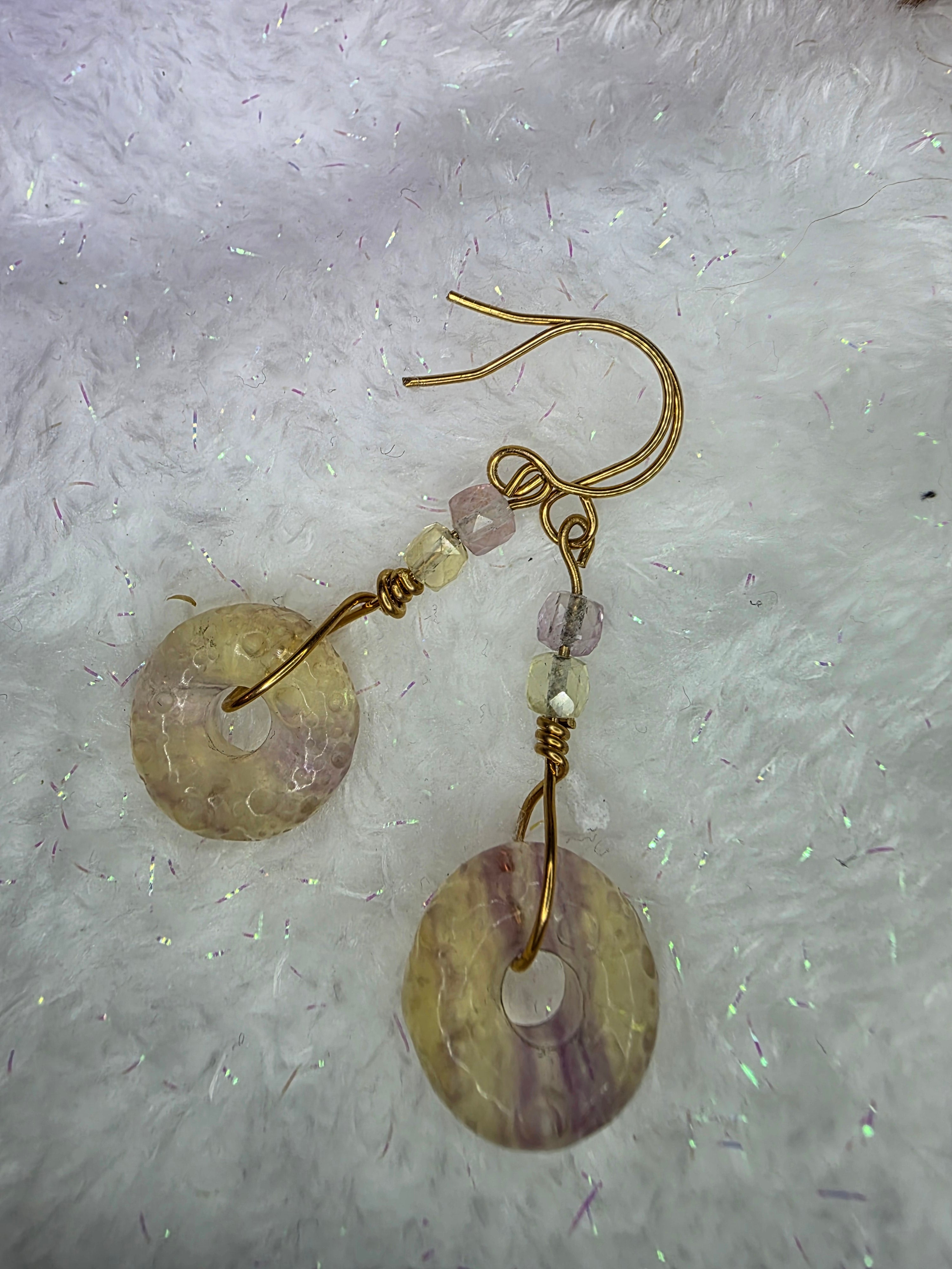 Yellow and Purple Fluorite Donut Earrings on Brass Hooks