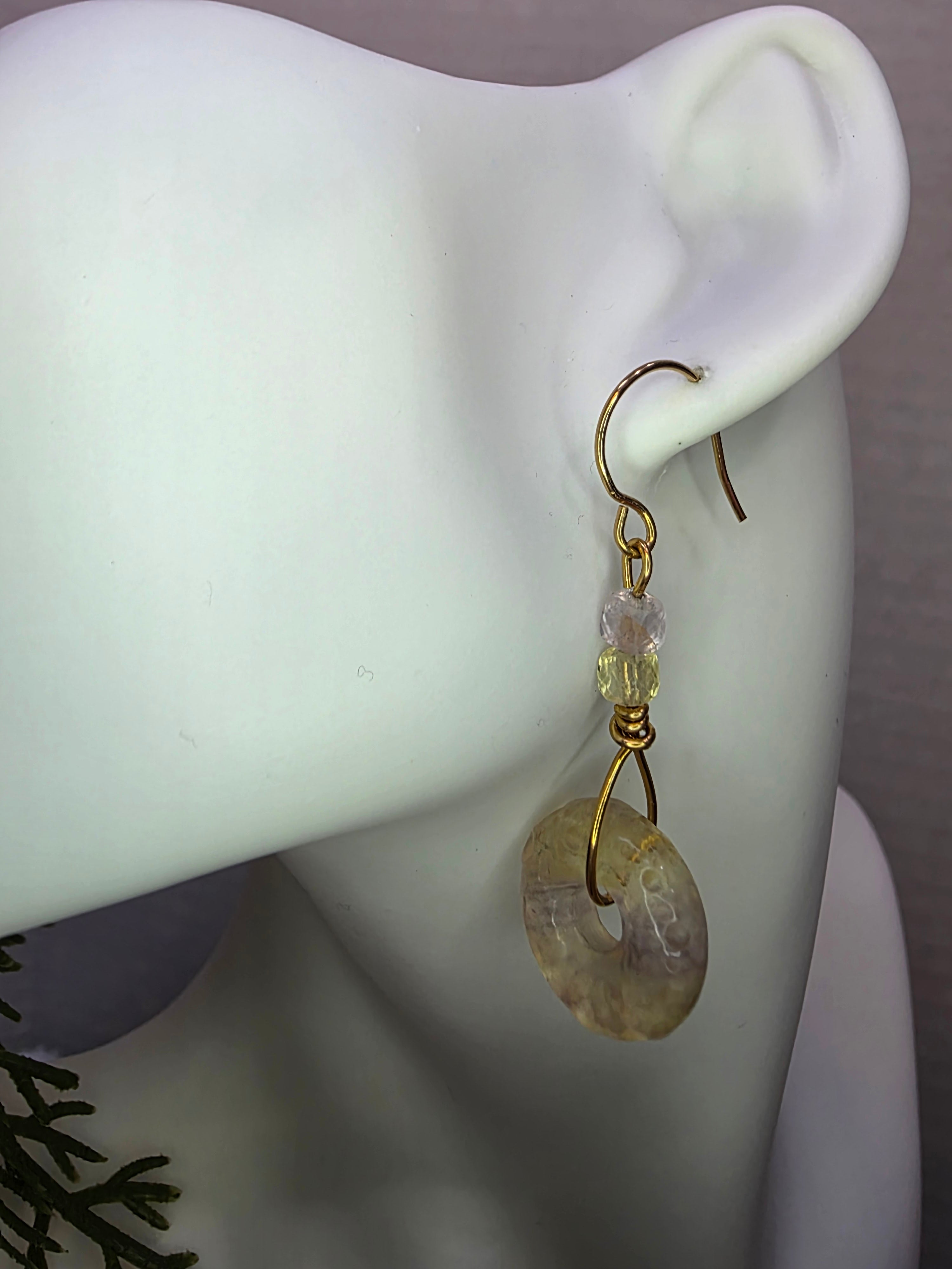 Yellow and Purple Fluorite Donut Earrings on Brass Hooks