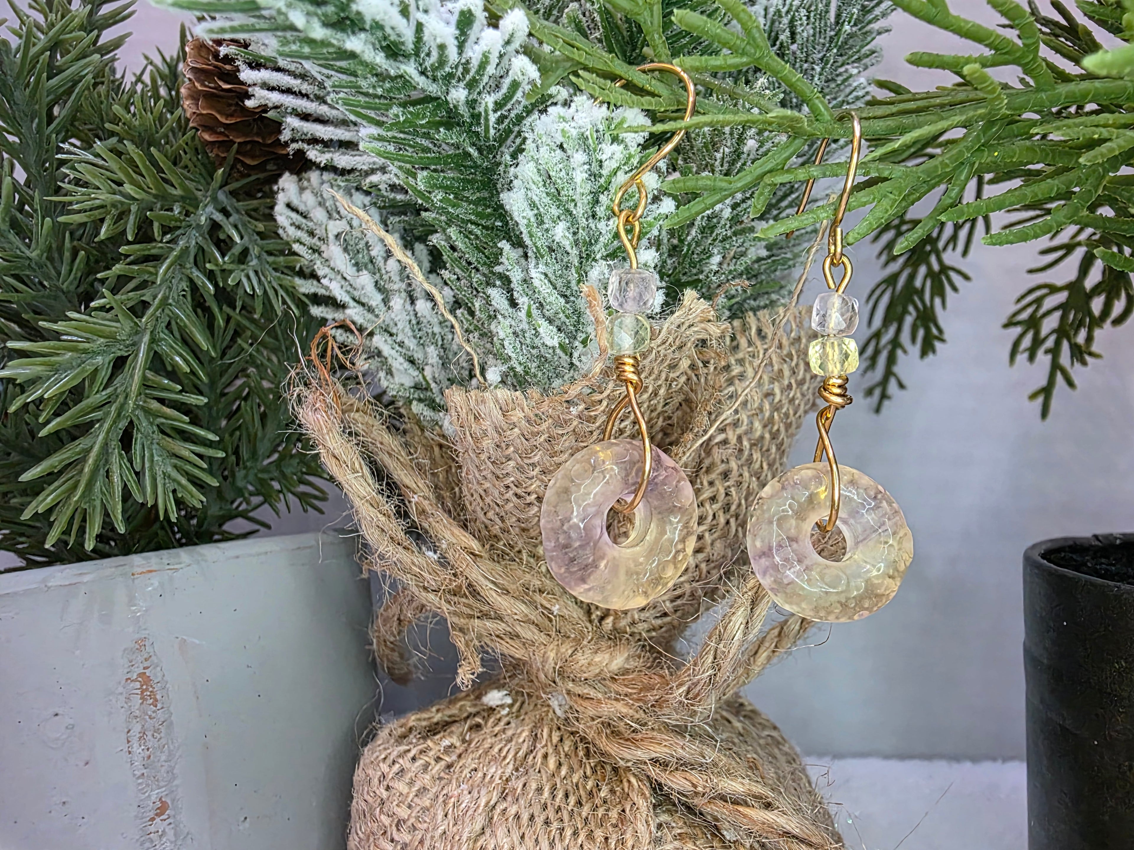 Yellow and Purple Fluorite Donut Earrings on Brass Hooks