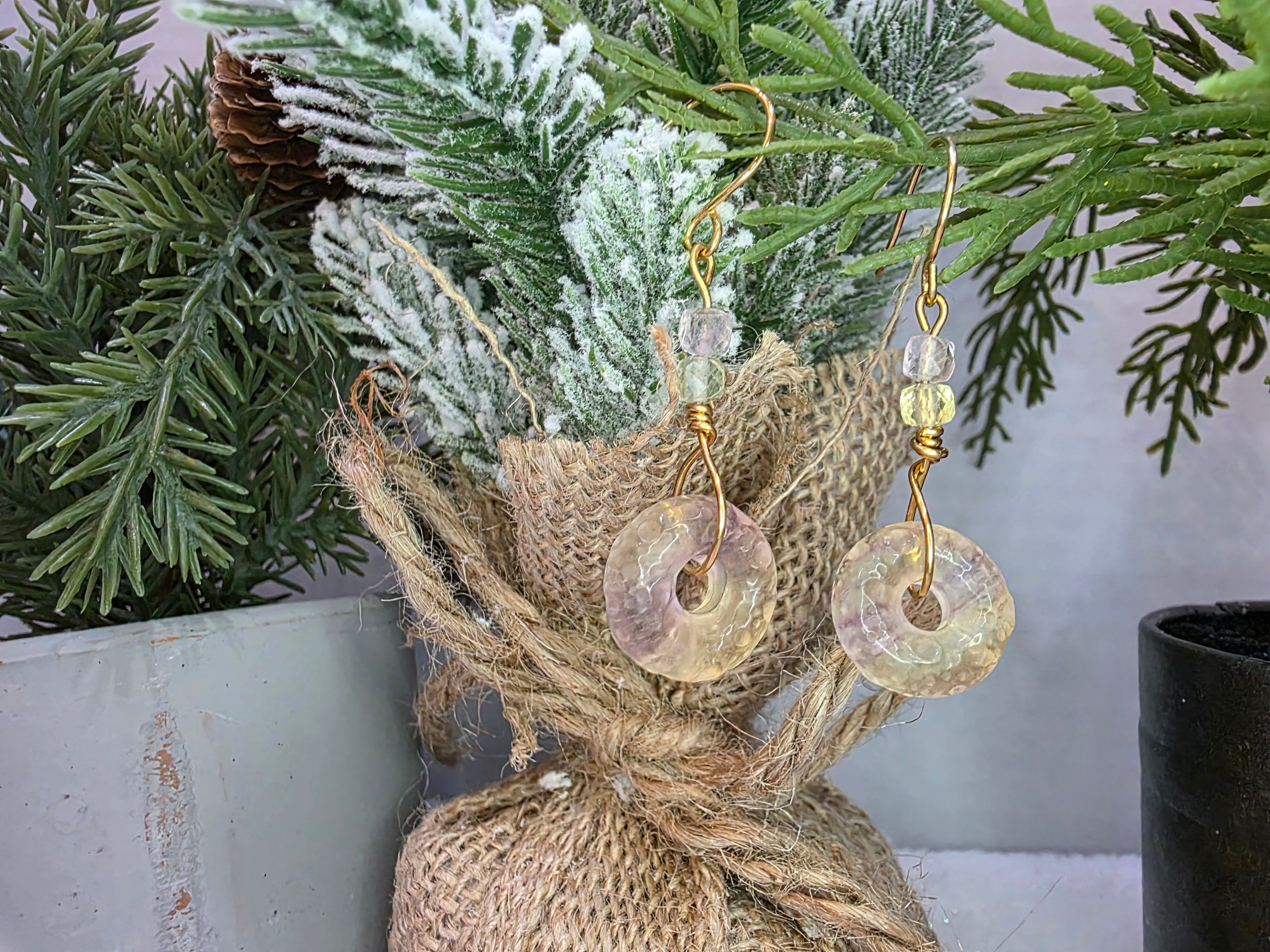 Yellow and Purple Fluorite Donut Earrings on Brass Hooks
