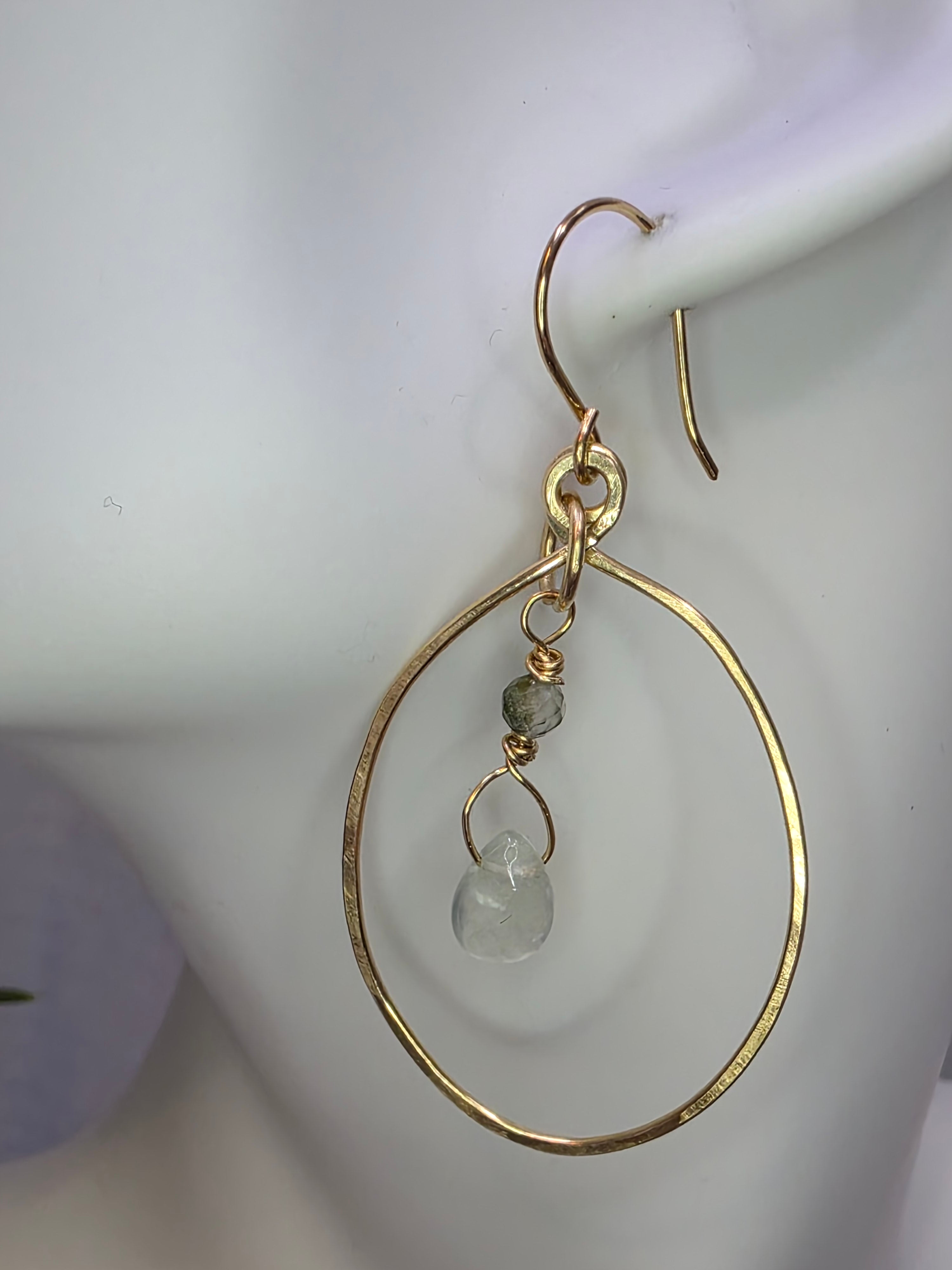 Prehnite and Brass Drop and Dangle Oval Hoop Earrings