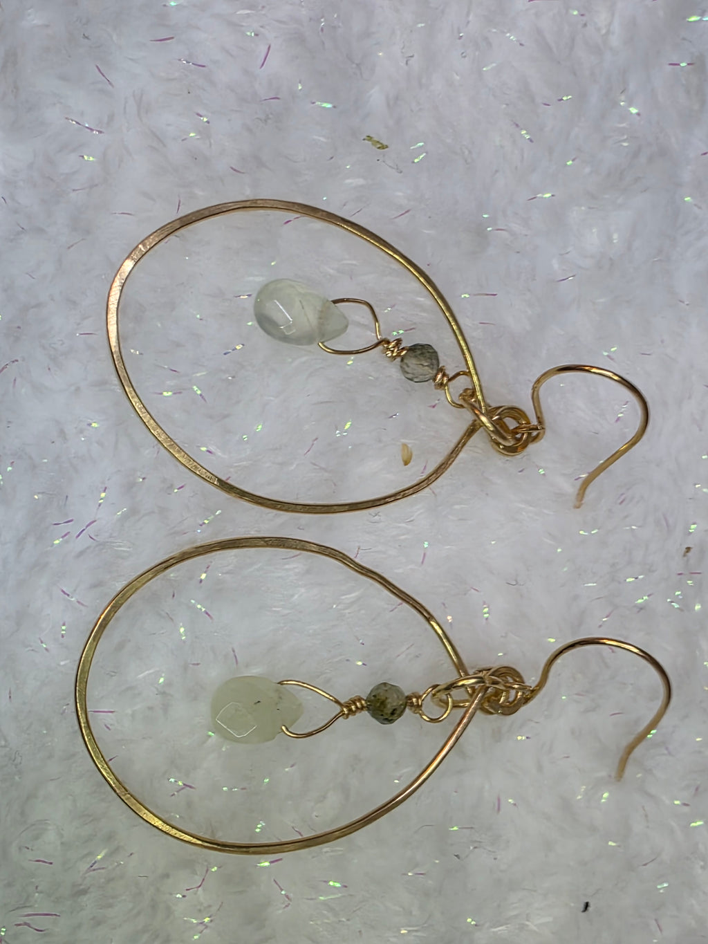 Prehnite and Brass Drop and Dangle Oval Hoop Earrings