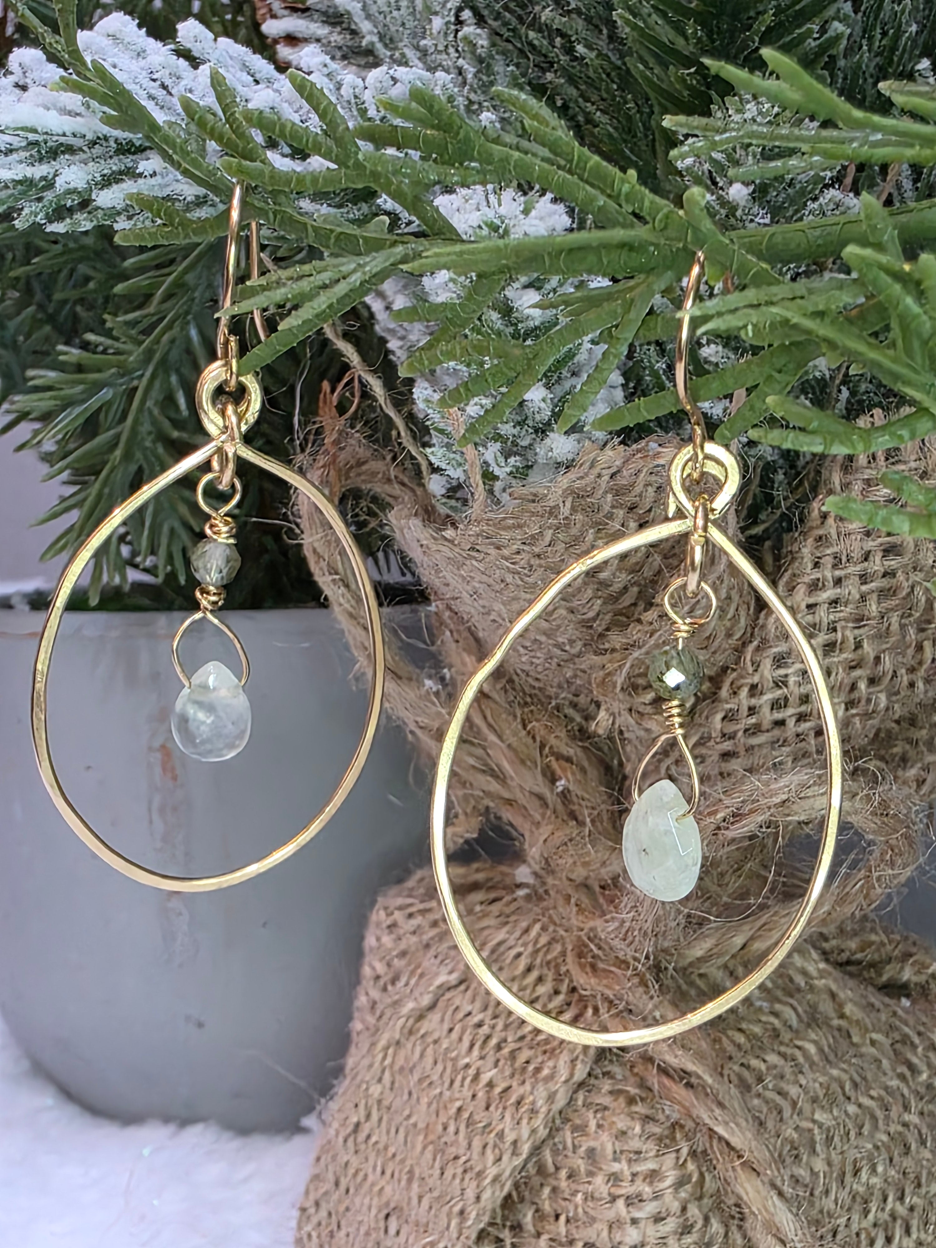 Prehnite and Brass Drop and Dangle Oval Hoop Earrings