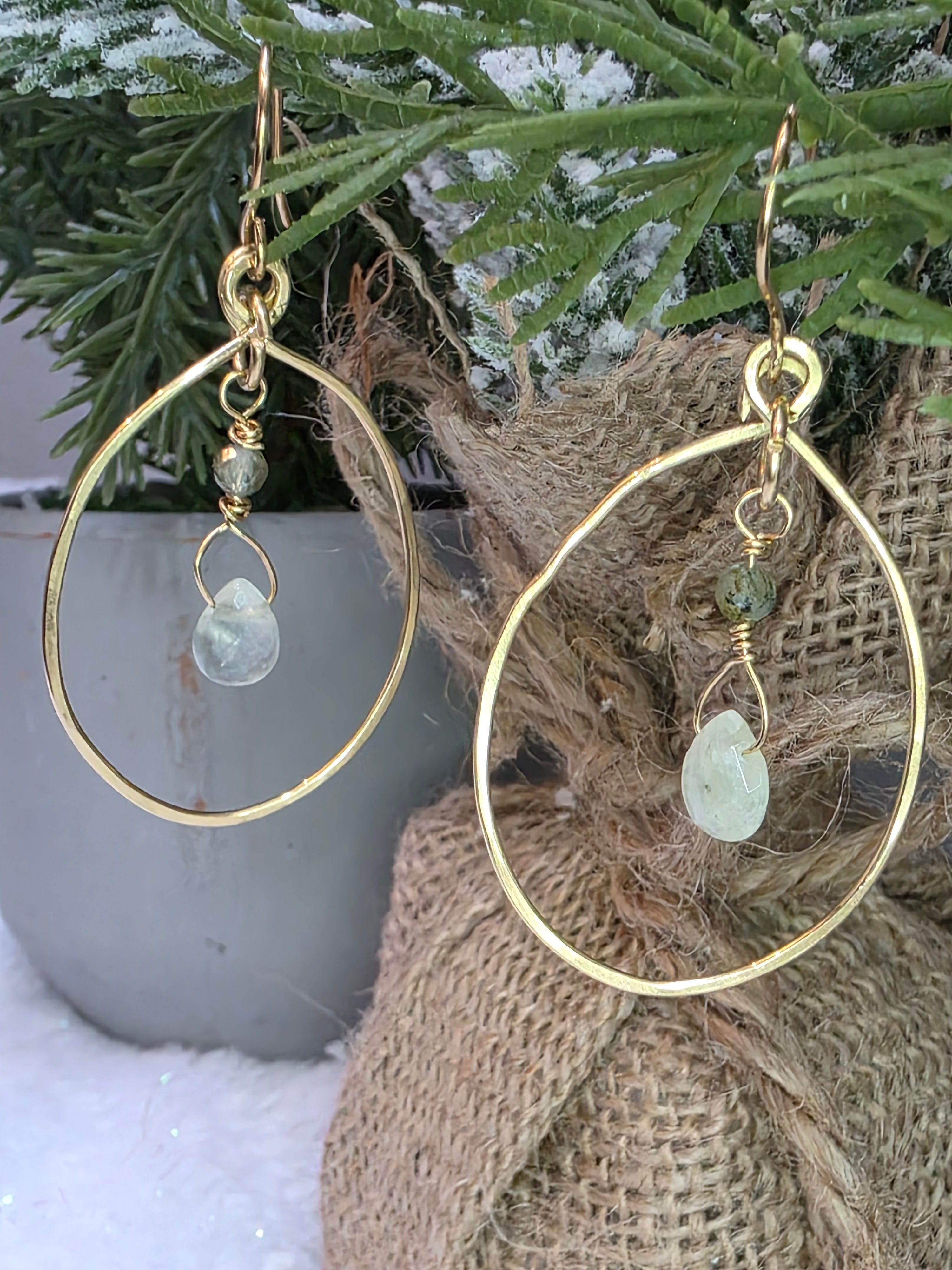 Prehnite and Brass Drop and Dangle Oval Hoop Earrings