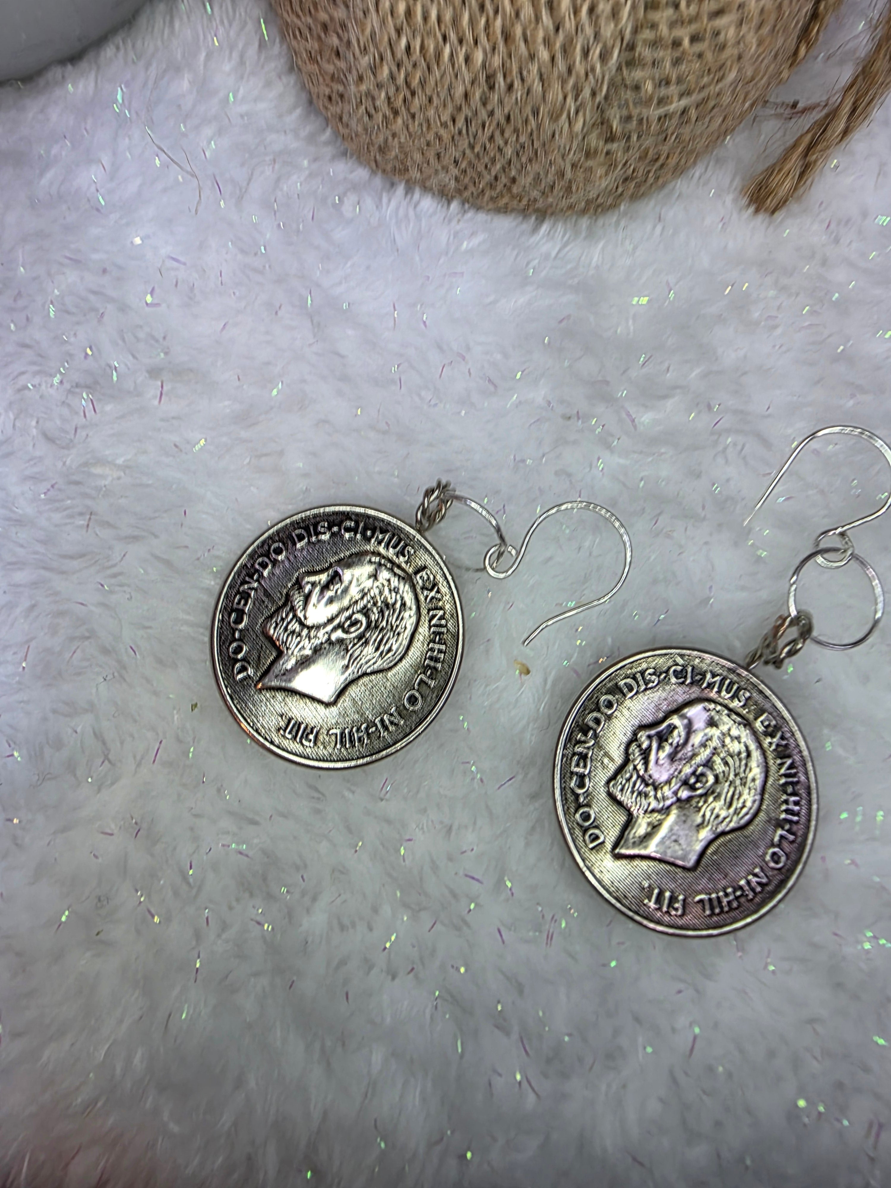 Vintage "Coin" Button Earrings with Stainless Steel Wire on Sterling Silver Hooks