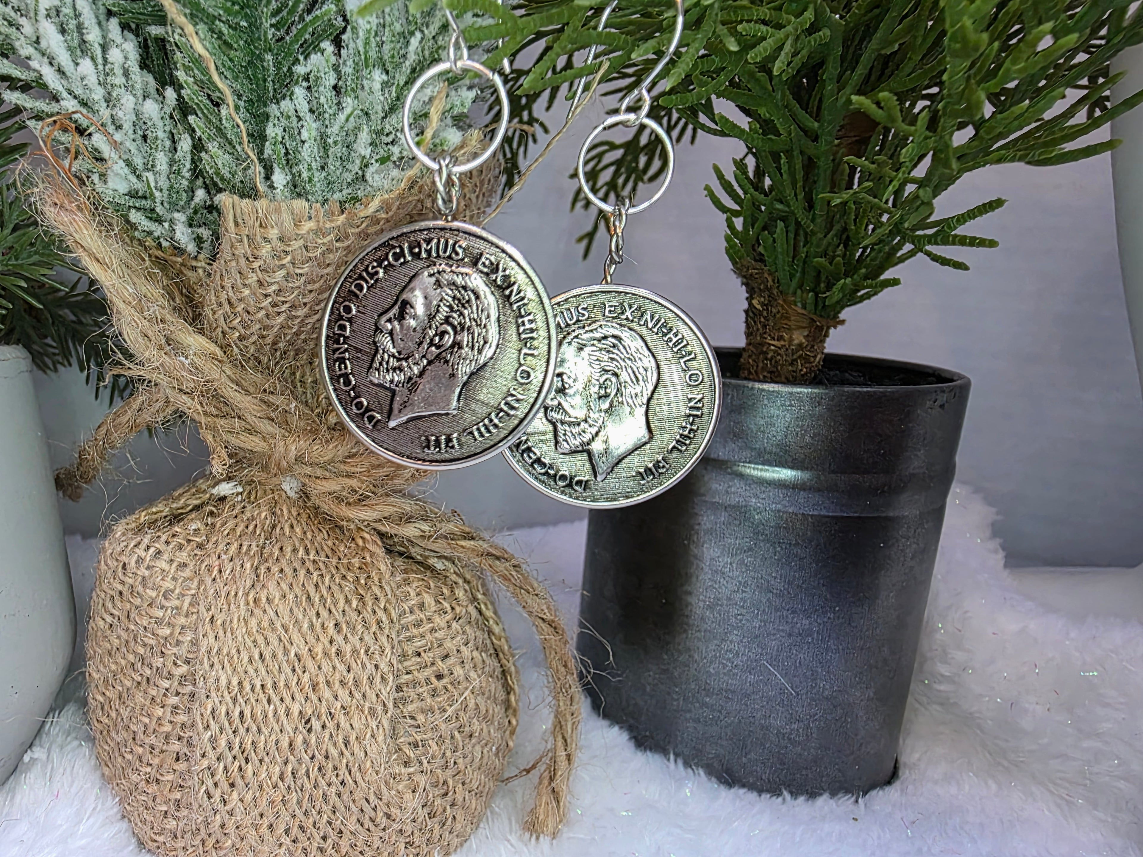 Vintage "Coin" Button Earrings with Stainless Steel Wire on Sterling Silver Hooks
