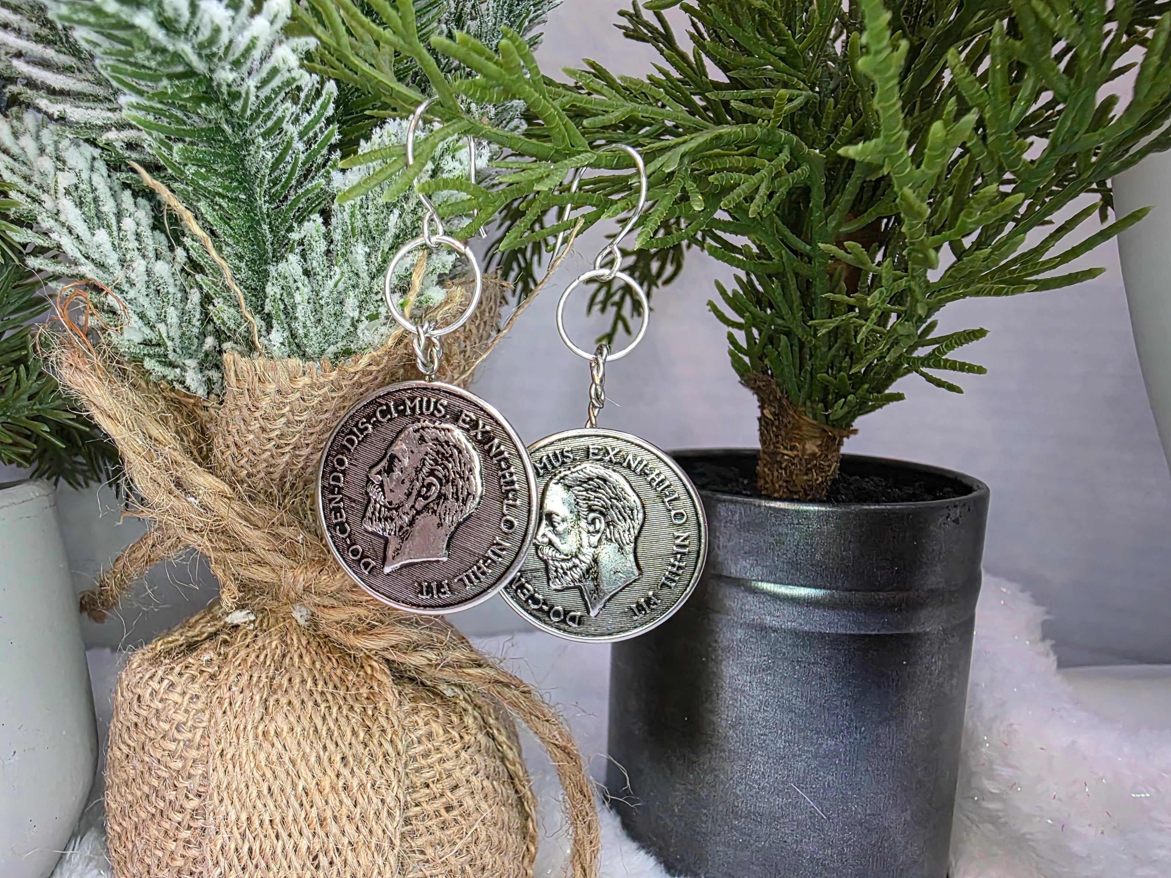 Vintage "Coin" Button Earrings with Stainless Steel Wire on Sterling Silver Hooks