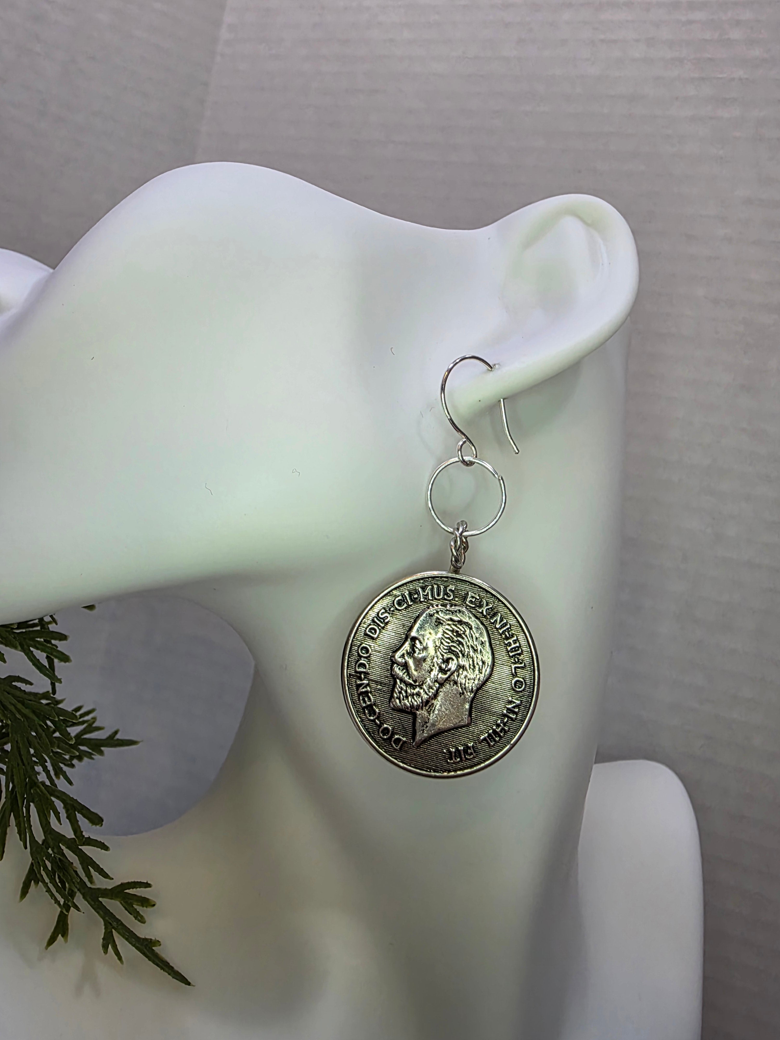 Vintage "Coin" Button Earrings with Stainless Steel Wire on Sterling Silver Hooks