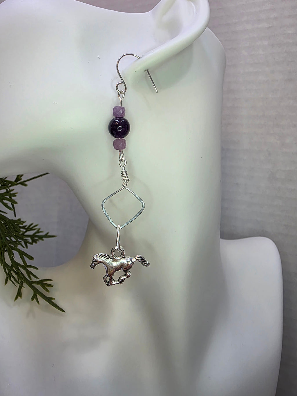 Sterling Silver Horse Charm with Amethyst Beads Hammered Design Earrings