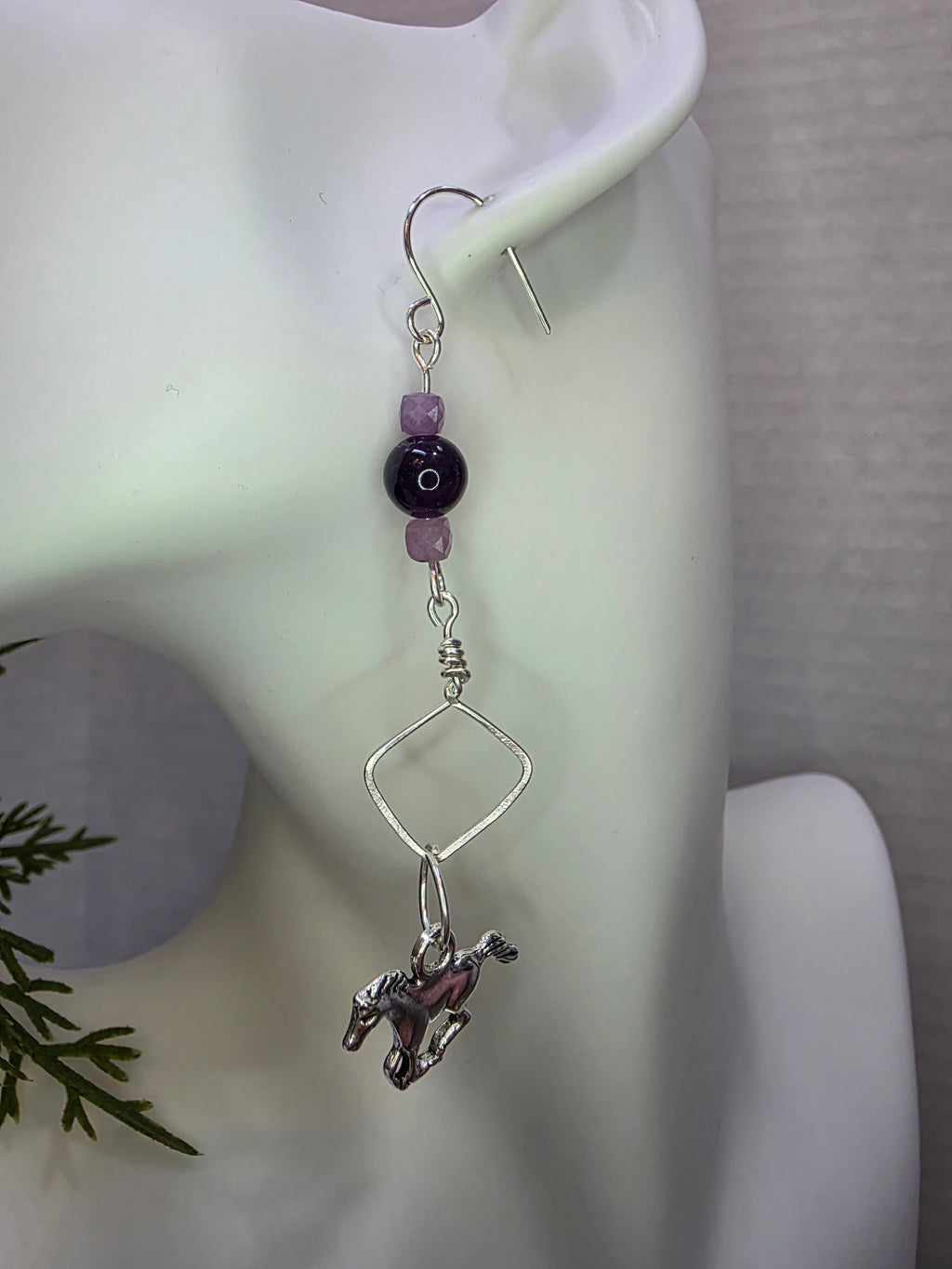 Sterling Silver Horse Charm with Amethyst Beads Hammered Design Earrings