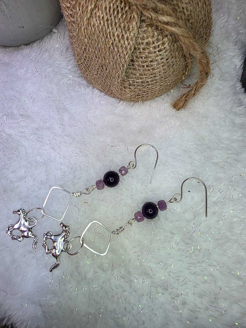 Sterling Silver Horse Charm with Amethyst Beads Hammered Design Earrings