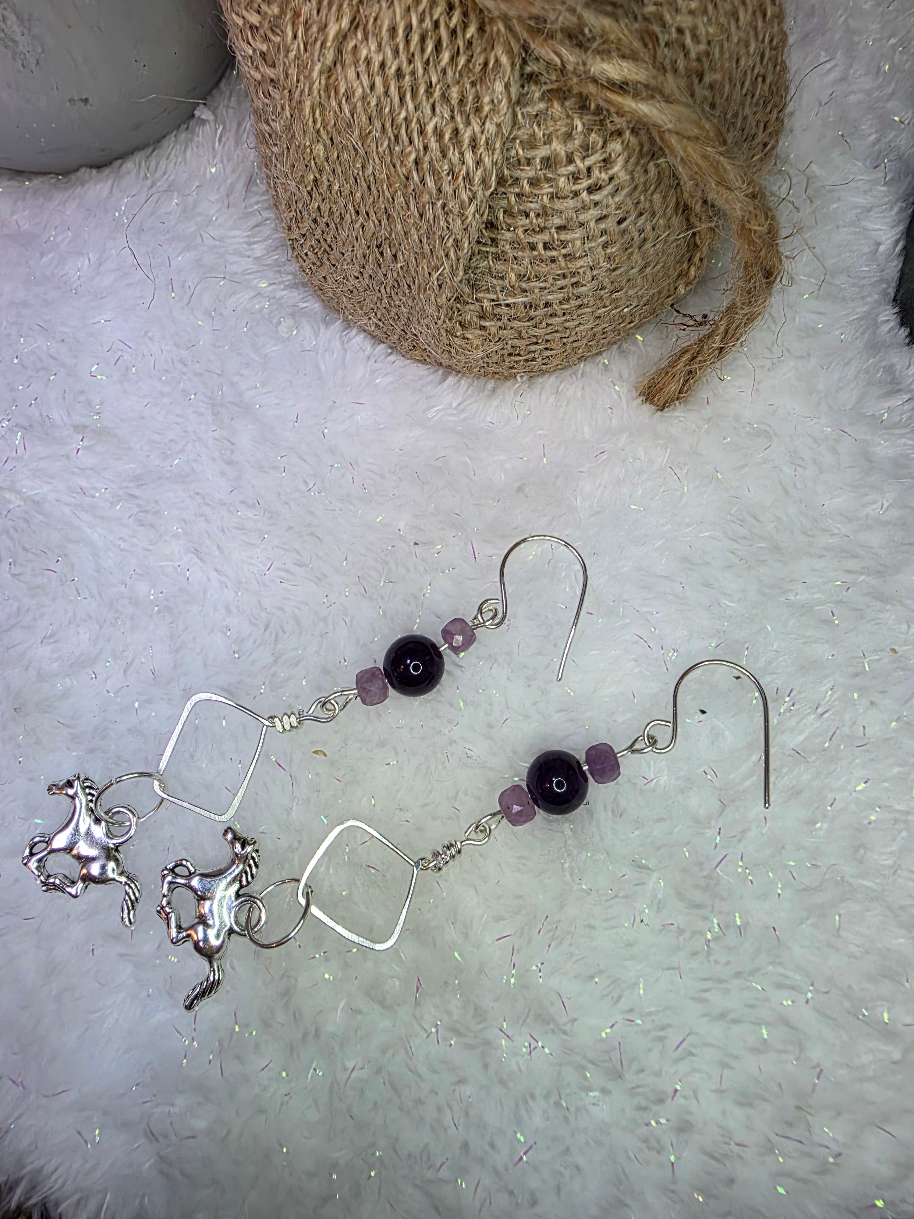 Sterling Silver Horse Charm with Amethyst Beads Hammered Design Earrings