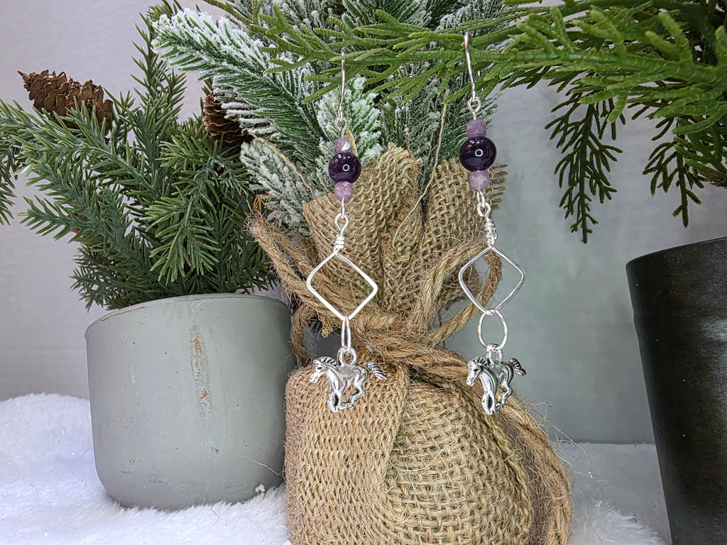 Sterling Silver Horse Charm with Amethyst Beads Hammered Design Earrings