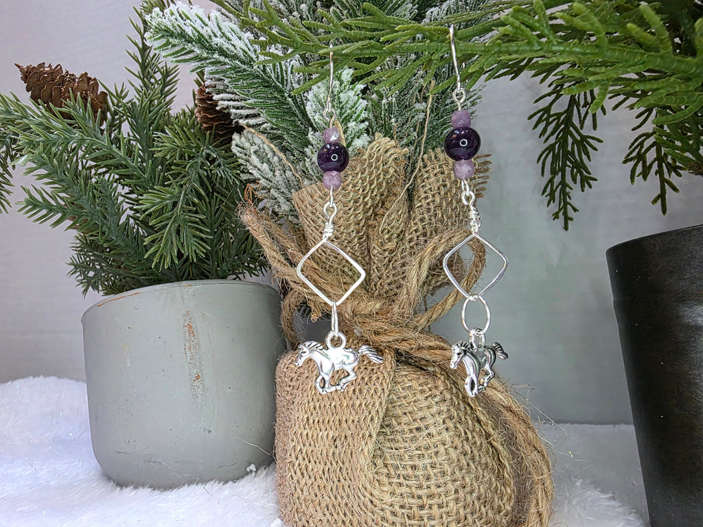 Sterling Silver Horse Charm with Amethyst Beads Hammered Design Earrings