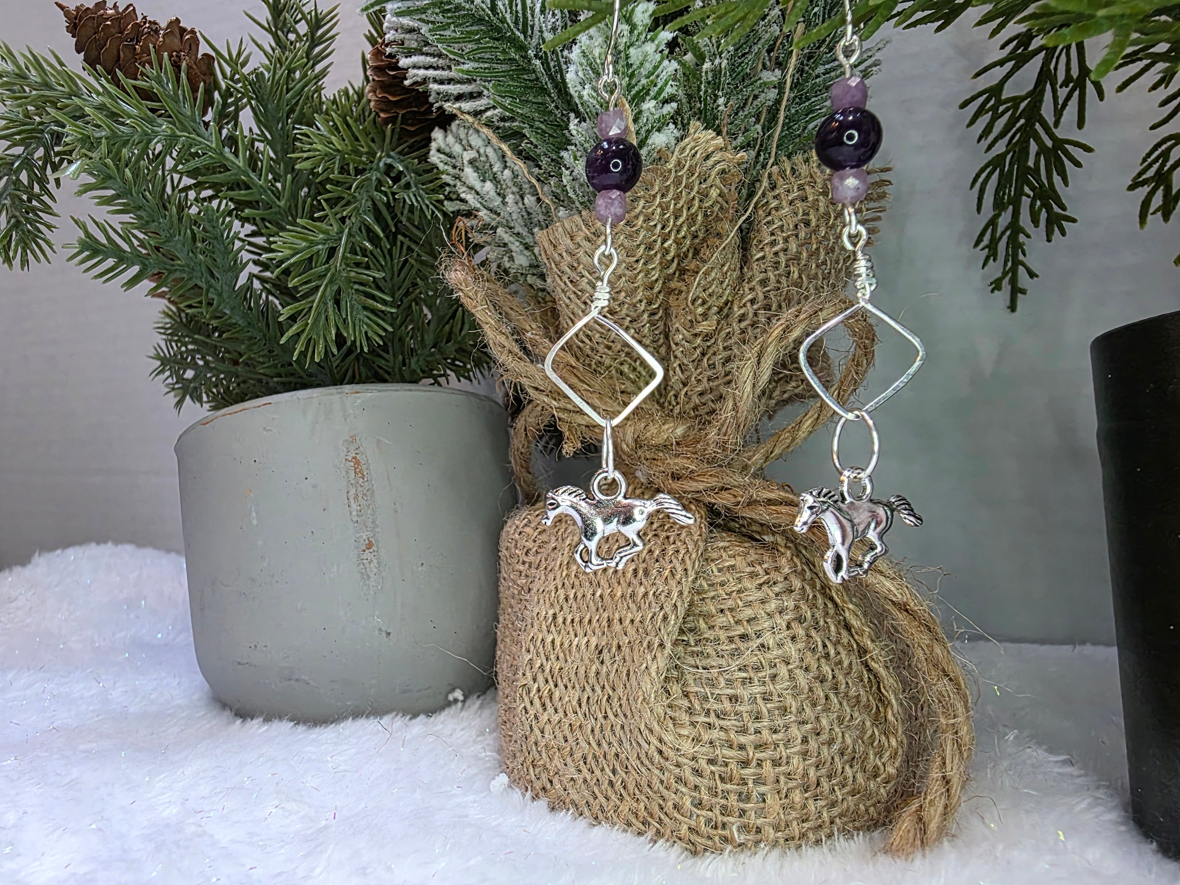 Sterling Silver Horse Charm with Amethyst Beads Hammered Design Earrings