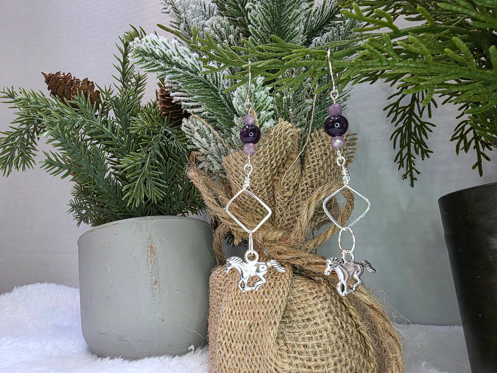 Sterling Silver Horse Charm with Amethyst Beads Hammered Design Earrings