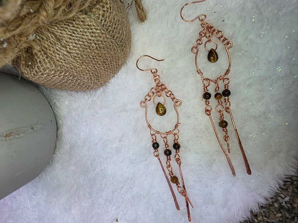Handmade Copper Chandelier Earrings with Tiger's Eye Beads, Teardrop and Copper Hammered Dangles