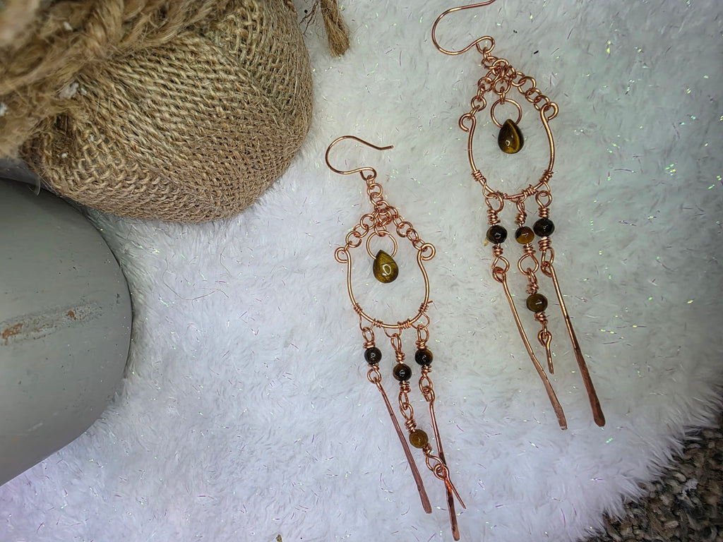 Handmade Copper Chandelier Earrings with Tiger's Eye Beads, Teardrop and Copper Hammered Dangles