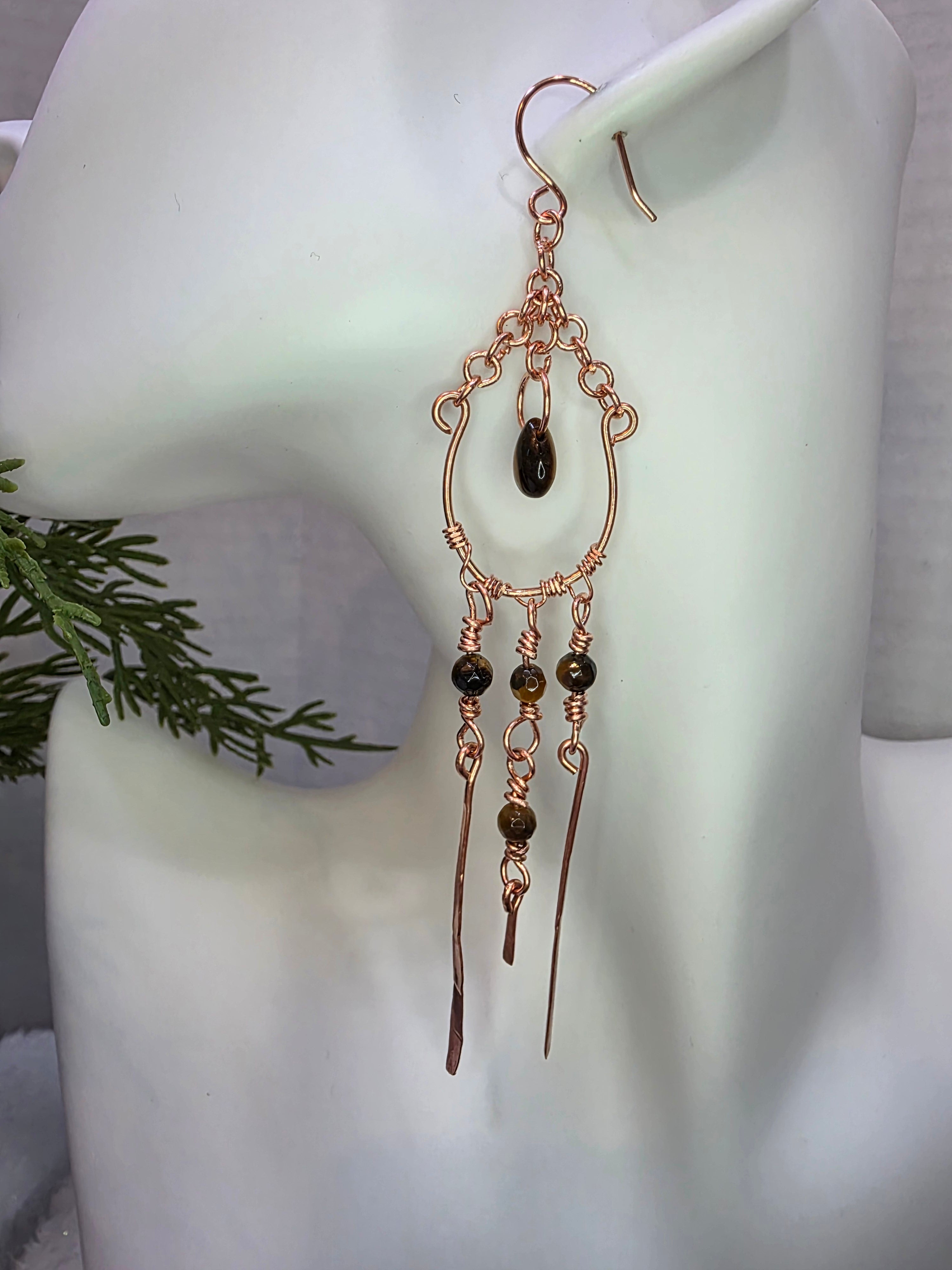Handmade Copper Chandelier Earrings with Tiger's Eye Beads, Teardrop and Copper Hammered Dangles