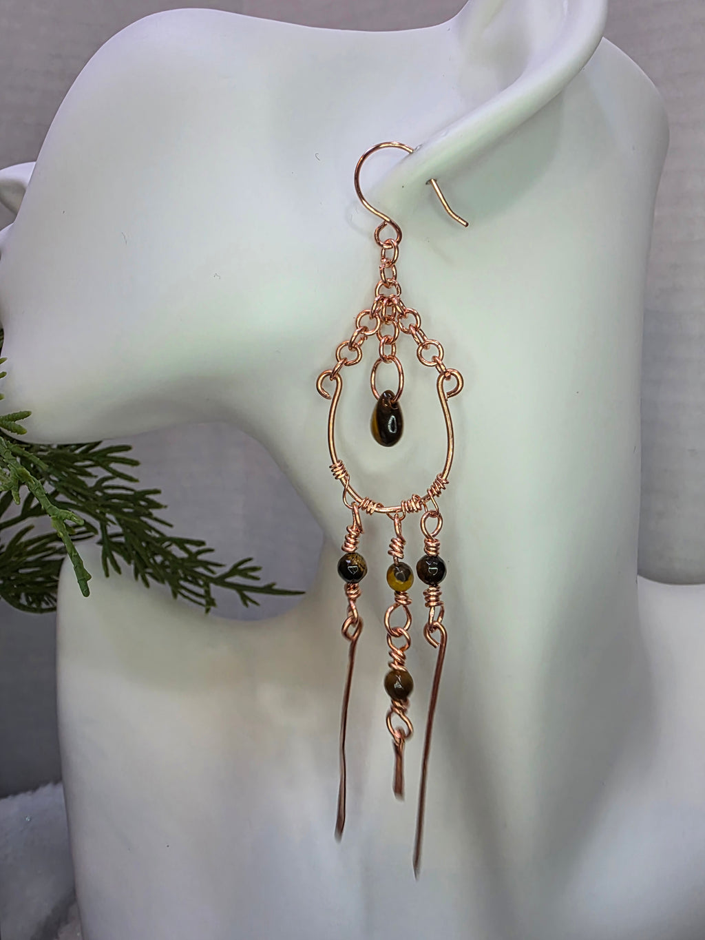 Handmade Copper Chandelier Earrings with Tiger's Eye Beads, Teardrop and Copper Hammered Dangles