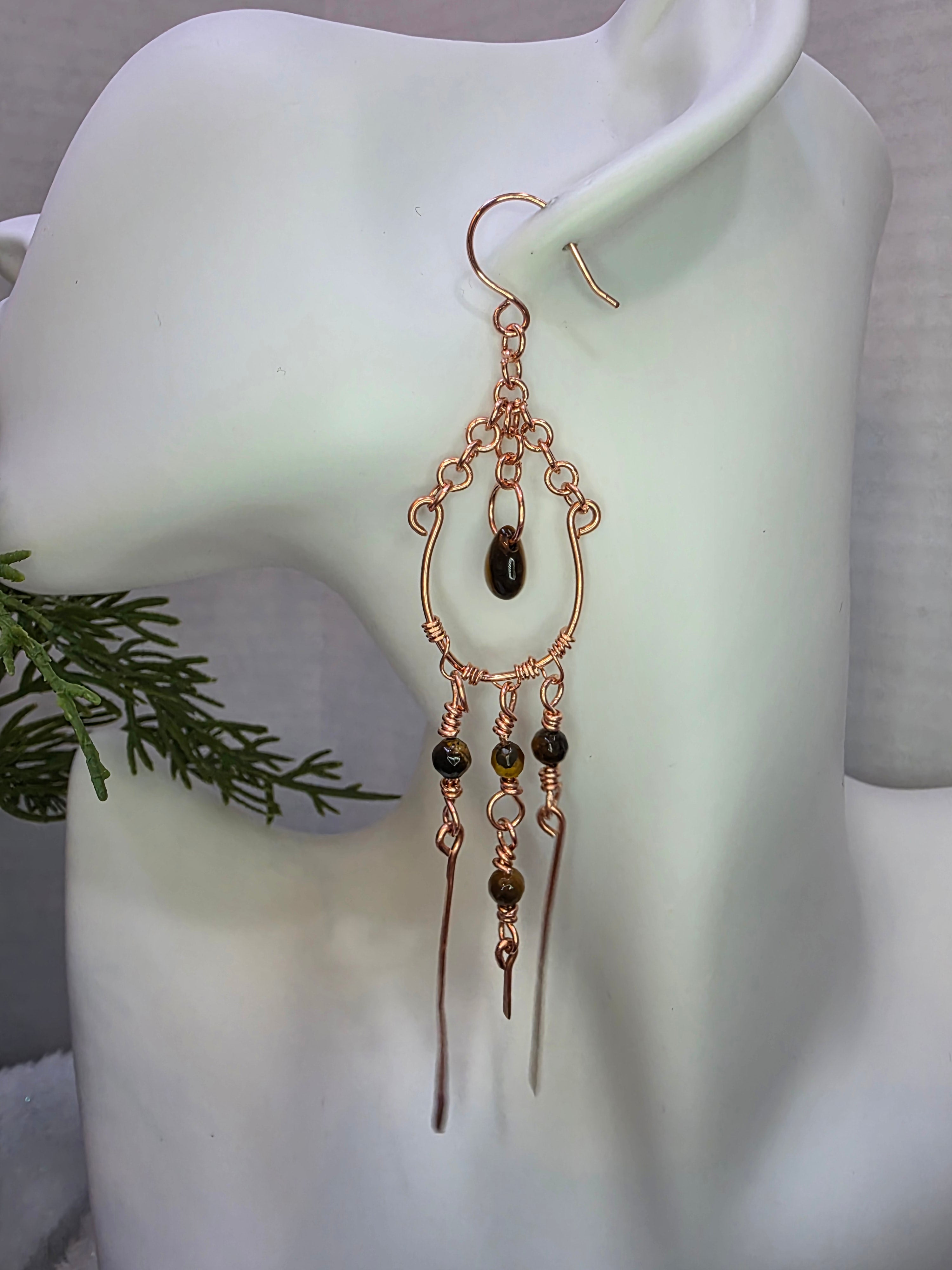 Handmade Copper Chandelier Earrings with Tiger's Eye Beads, Teardrop and Copper Hammered Dangles